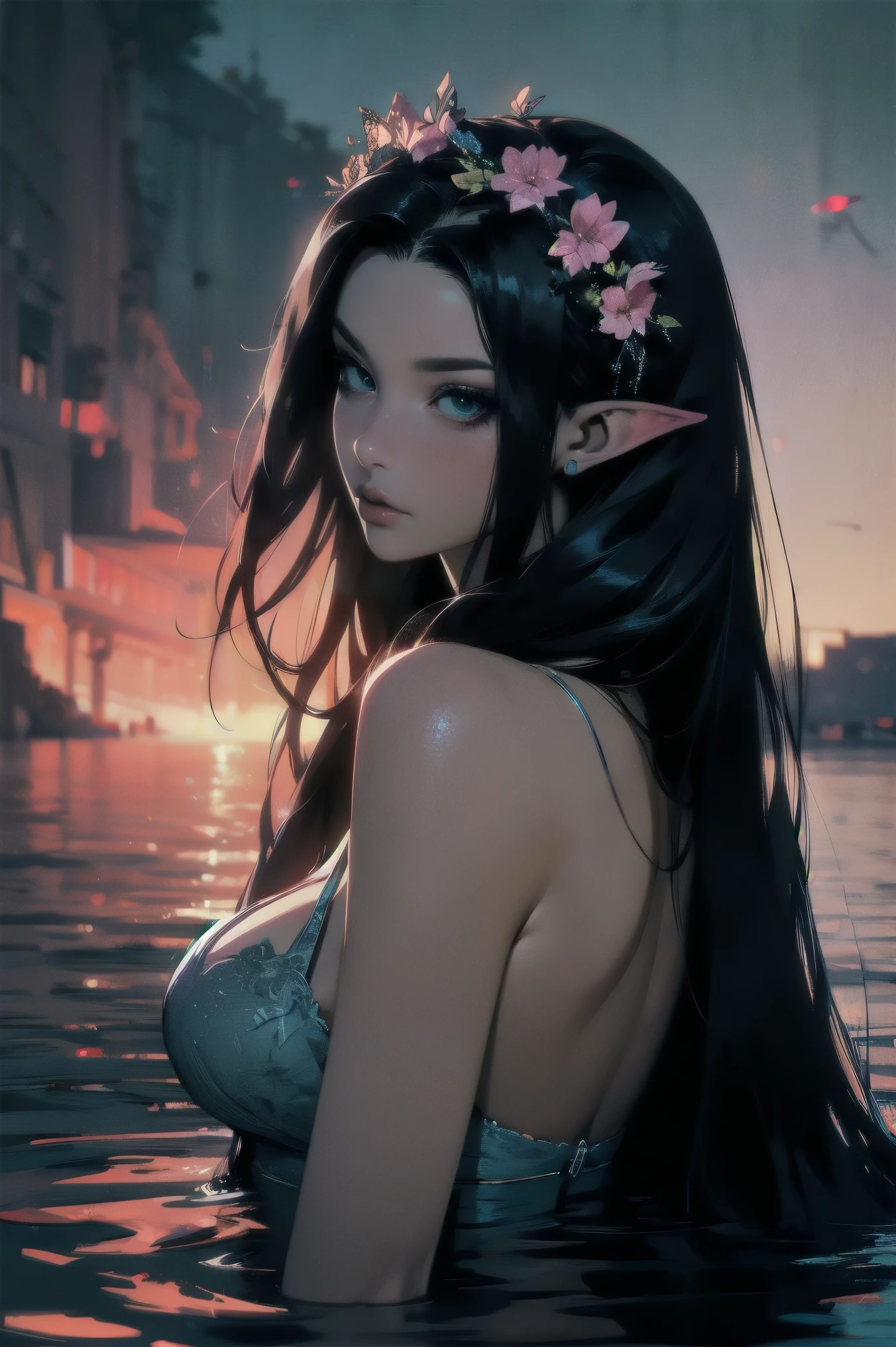 { - anatomy error}(Masterpiece - Ultra-detailed, very high resolution)hyper-realistic of a mysterious woman with flowing black hair, ears of elf, piercing opal eyes, and a delicate floral crown, delicate smile, whole body, sitting on the water, backwards, looking back, perfect eyes, perfect fingers, detailed face, detailed hands, detailed eyes, full body, sexy pose