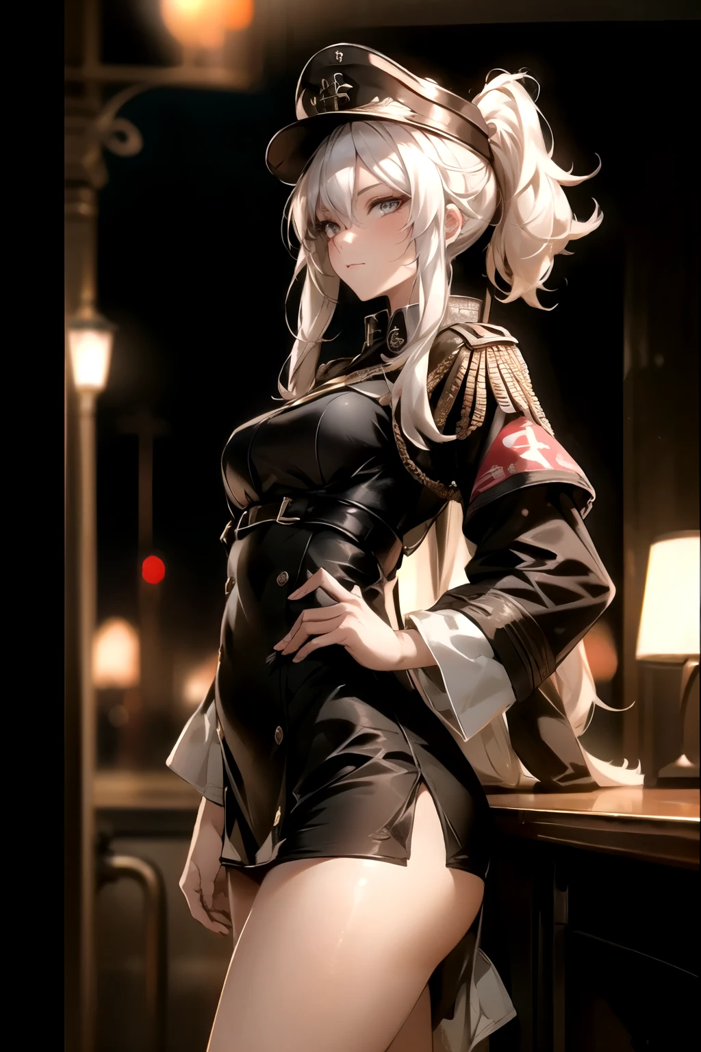 ((best quality)), ((Masterpiece)), (details:1.4), 3d, Image of a beautiful cyberpunk woman., HDR (high dynamic range), mature woman, เหมือนจริง, High Ponytails, White hair, White eyes, future police, PBR surface, After processing, Anisotropic filtration,depth of field, Maximum clarity and clarity, multi-layered surface, perfect proportions, 8K raw files, cyberpunk, at night, ผมหลายชั้น,  red short skirt, natural lighting, soft lighting, sunlight, หน้าอกใหญ่, a woman wearing a black gothic style military uniform, black military hat with gold details, iron cross symbol on the military hat, street background