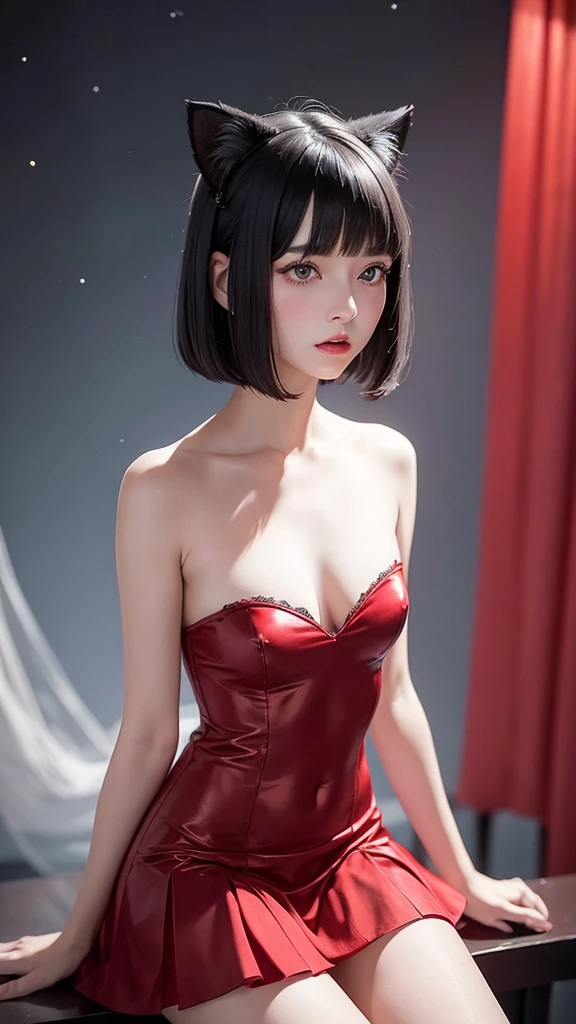 Delicate and dainty young woman with shiny bob-cut black hair and real cat ears. She is wearing red only dress with mini-skirt. The background is a fantastic and ethereal night sky that seems to be haunted by a specter. Her expression is stern and atmospheric. , real photo style, beautiful face, stockings,