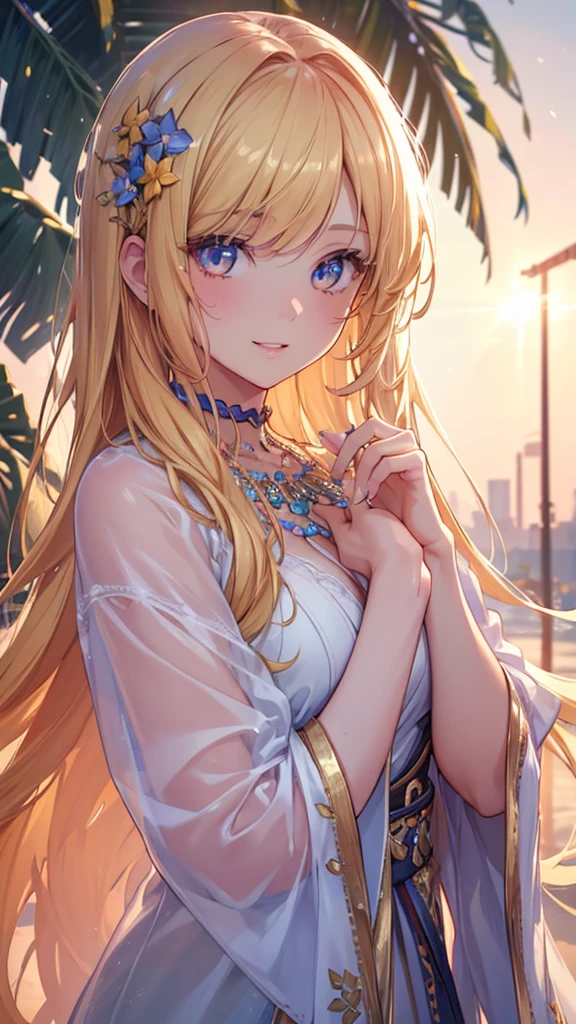 A girl with long, colorful hair, bright eyes, cute, smiling, wearing summer clothes, warm colors, detailed portrait, highly detailed facial features, beautiful detailed eyes, beautiful detailed lips, extremely detailed eyes and face, long eyelashes, cinematic lighting, glowing skin, detailed clothing, summer aesthetic, vibrant colors, golden hour lighting, photorealistic, (best quality,4k,8k,highres,masterpiece:1.2),ultra-detailed,(realistic,photorealistic,photo-realistic:1.37),HDR,UHD,studio lighting,ultra-fine painting,sharp focus,physically-based rendering,extreme detail description,professional,vivid colors,bokeh