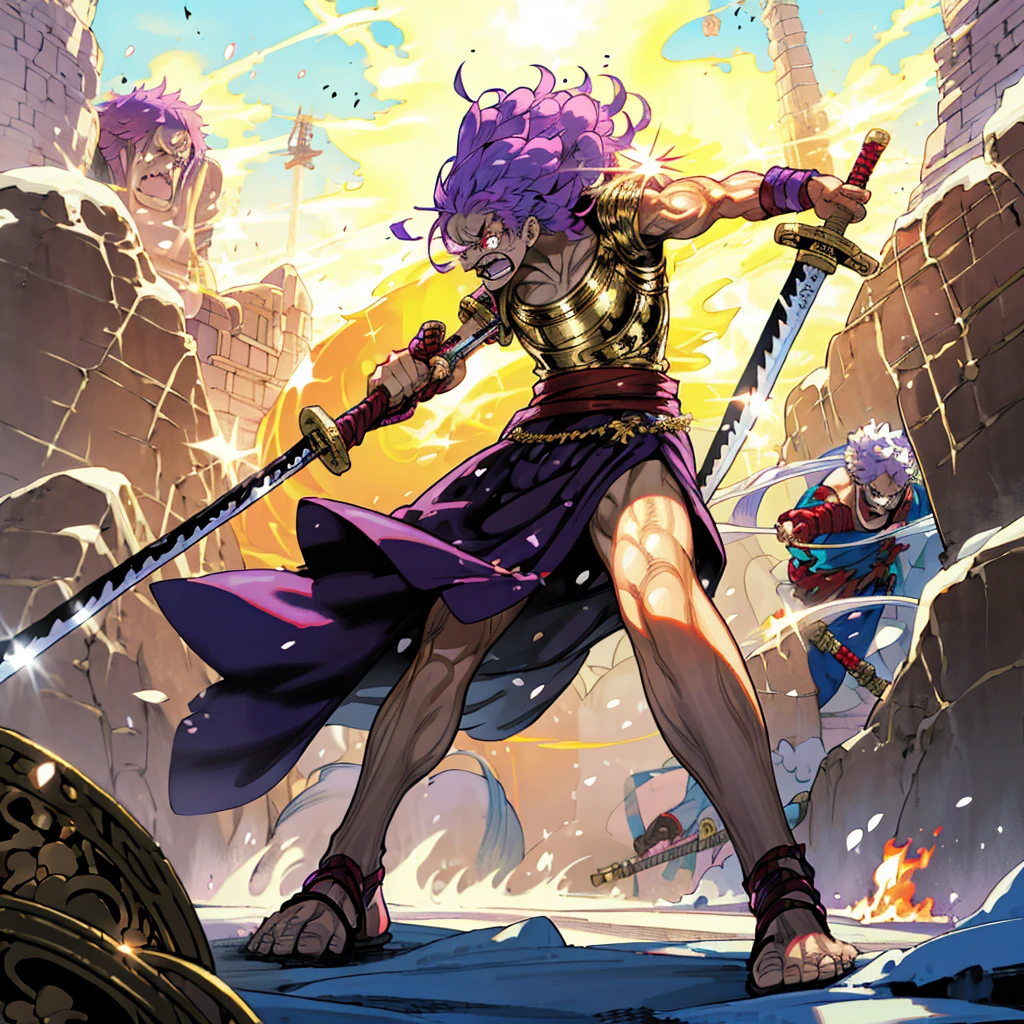 boy, big muscle, Full background in snow Castle, red eyes, angry, angry eyes, short Curly hairstyle, purple colour hair, motion blur, lighting, gold armor, two sword in two hand, sandals, ancient Greek clothing, smoke effect, fire effect, blood on sword, lighting on sword, angry, angry eyes