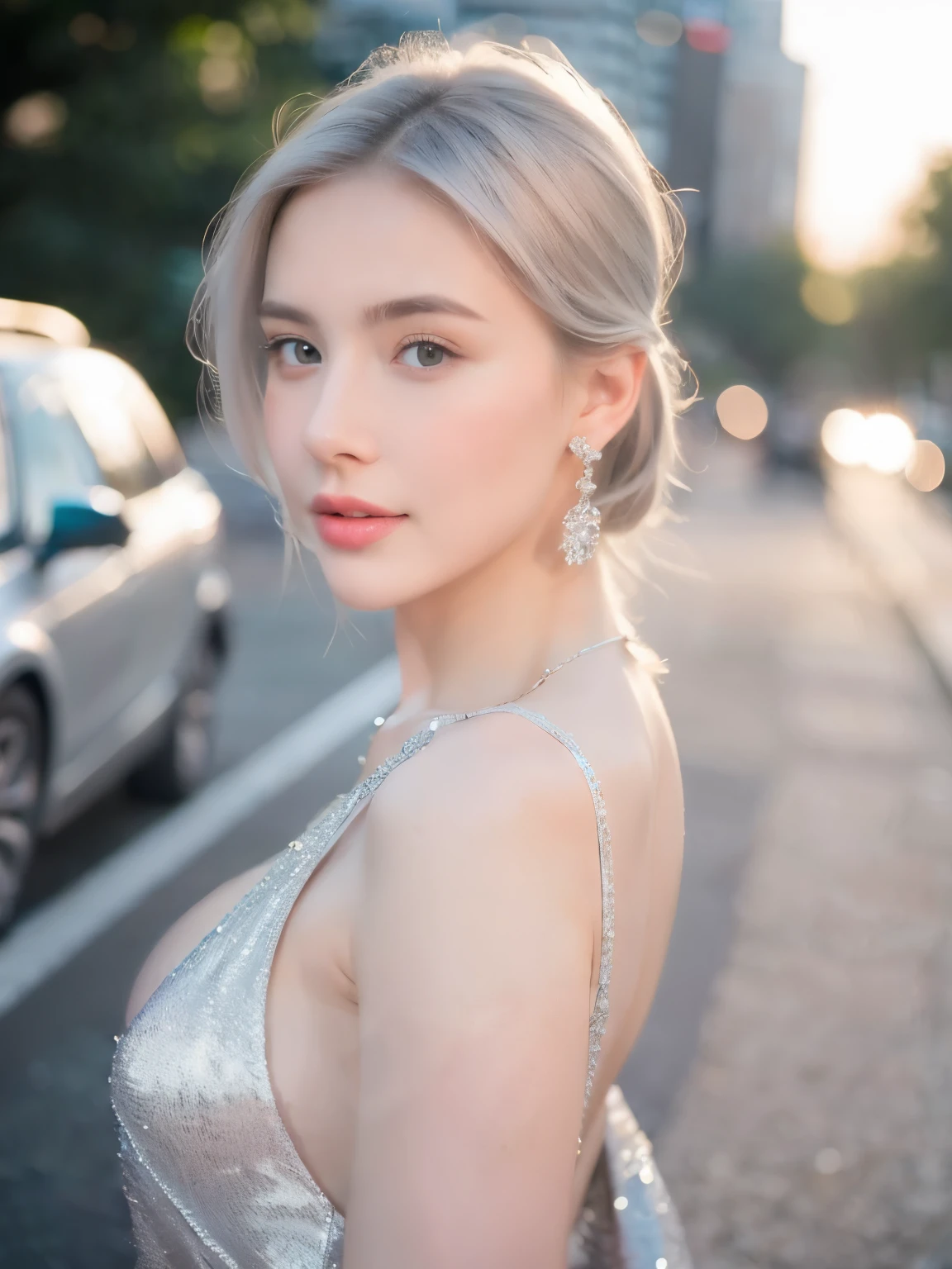 1 woman, beautiful, Young face, 20 years old, white skin, big breasts bare, (The breast is very big.), sexy pose, Cocktail dress, blue eyes, muscle, Bokeh, Crowd background on the road, Masterpiece, ponytail, silver hair, Wear small silver earrings., wearing necklace, portrait, face facing straight