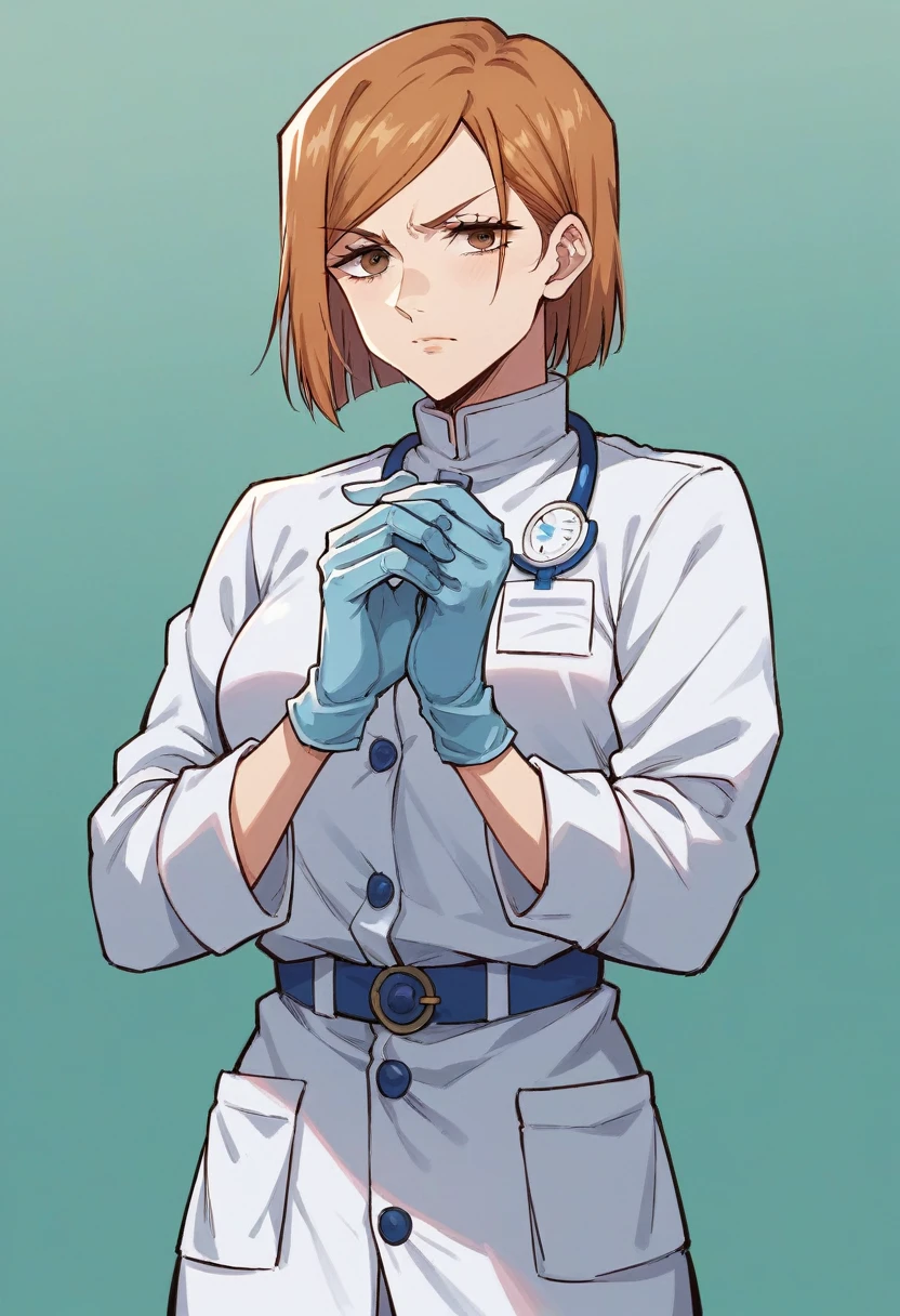 1girl, nobara kugisaki \(jujutsu kaisen\), ((blue medical gloves)), (doctor uniform), ((long sleeves)), looking at viewer, standing, solo


