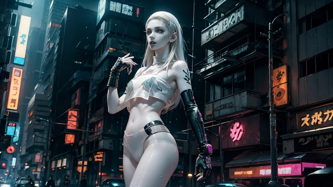 cyberpunk aesthetic, light eyes, eyelash, eyeliner, good makeup, sexy, (pale skin:1.9), detailed face, pretty face, rouge, good texture, strong shadows, bright, small boobs, skinny, transparent clothes, tanga, looking up, camera down, energetic pose, dinamic pose, athletic, 8k, fangs, detailed, tattooed, direct dark light, street background, balcon, neon lights, coloured, night, wet clothes, detailed nipples, naked, no underwear, mecanic arm, wet, fiber muscles, strong woman, small nose, big eyes, great quality, jewelry, purple filter, detailer vagina, wet underwear, neon direct, light, naked , focus face,, pink, hair, cyberpunk 2077, edgerunners, blade runner, gothic legs, lasers,, slim underwear, erect nipples