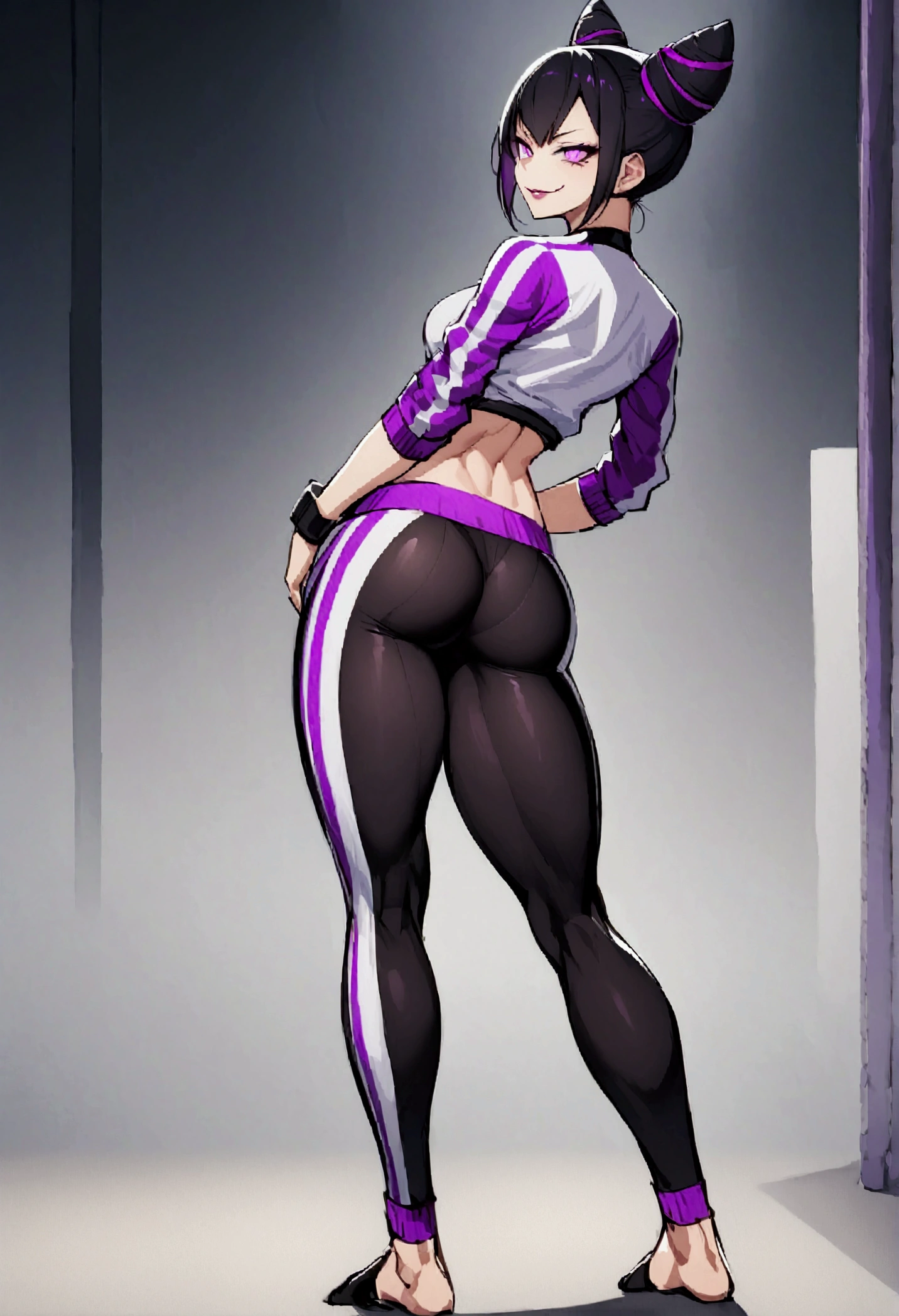 standing backwards,looking back,beautiful young fitness woman with , in a gym wearing May with black pantyhose, white and purple gym jacket. standing alone,hair horns,bright purple eyes,Evil smile,legging preto aura roxa,super bright purple right eyes,whole body,beautiful curves,hands on waist
