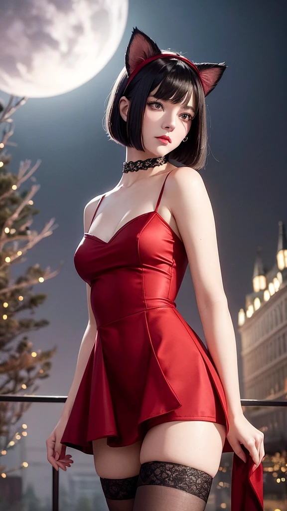 Delicate and dainty young woman with shiny bob-cut black hair and real cat ears. She is wearing red only dress with mini-skirt. The background is a fantastic and ethereal night sky that seems to be haunted by a specter. Her expression is stern and atmospheric. 10 years old, real photo style, beautiful face, stockings,