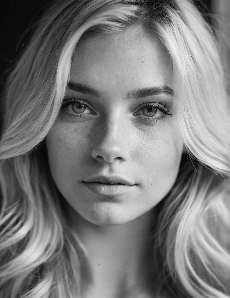 b&w, instagram photo, portrait photo of 26 y.o blonde woman, perfect detailed eyes, natural skin, hard shadows, film grain