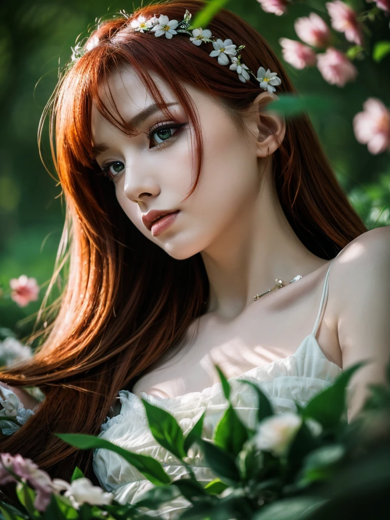 1girl, redhead asian girl, extremely long smooth hair and thin face, lying on the ground in a lush dark forest, beautiful elf dress, surrounded by flowers, (best quality,4k,8k,highres,masterpiece:1.2),ultra-detailed,(realistic,photorealistic,photo-realistic:1.37),cinematic lighting,dramatic lighting,chiaroscuro lighting,intricate details,highly detailed face,extremely detailed eyes and face,longeyelashes,dramatic composition,moody atmosphere,vibrant colors,rich color palette