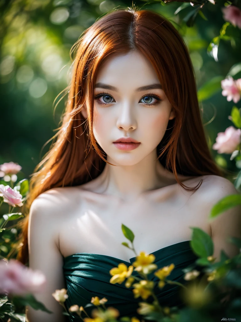 1girl, redhead asian girl, extremely long smooth hair and thin face, lying on the ground in a lush dark forest, beautiful elf dress, surrounded by flowers, (best quality,4k,8k,highres,masterpiece:1.2),ultra-detailed,(realistic,photorealistic,photo-realistic:1.37),cinematic lighting,dramatic lighting,chiaroscuro lighting,intricate details,highly detailed face,extremely detailed eyes and face,longeyelashes,dramatic composition,moody atmosphere,vibrant colors,rich color palette