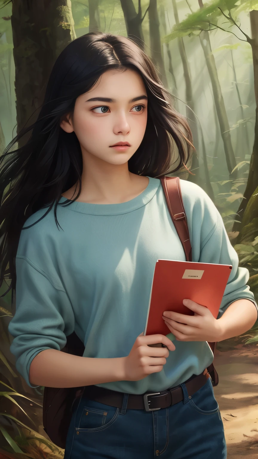 ((best quality)), ((masterpiece)), (detailed), A digital illustration of a long black haired teenage girl with a tense expression on her face, looking for a bird in a forest setting. The girl is holding a small notebook and a pencil, and there are trees and birds flying in the background.