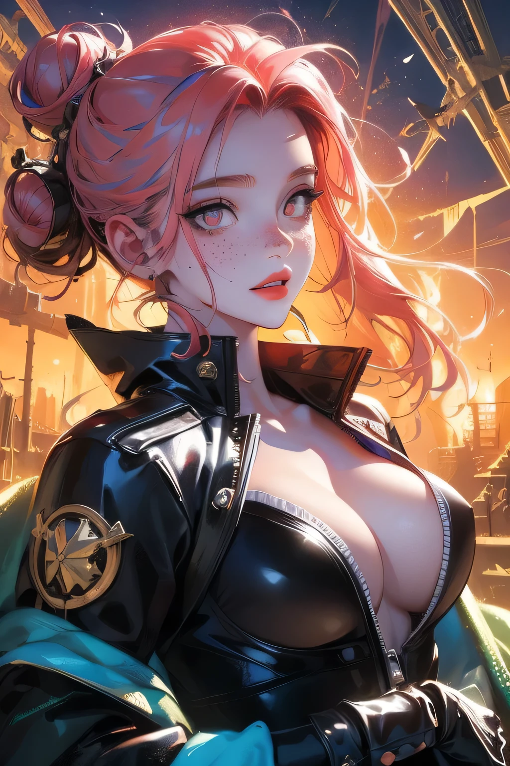 best quality, masterpiece, photographic reality, realistic, very detailed illustrations, beautiful eyes, perfect detail, best lighting, super complex details, ultra-detailed, Dynamic colors, Striking contrast, electric energy, beautiful asian woman, pink eyes, bright pink hair, messy bun hair, freckles, pale skin, big breasts, big smile, black skin thight suit, in spaceship cockpit, ((((bruce pennington artwork))))