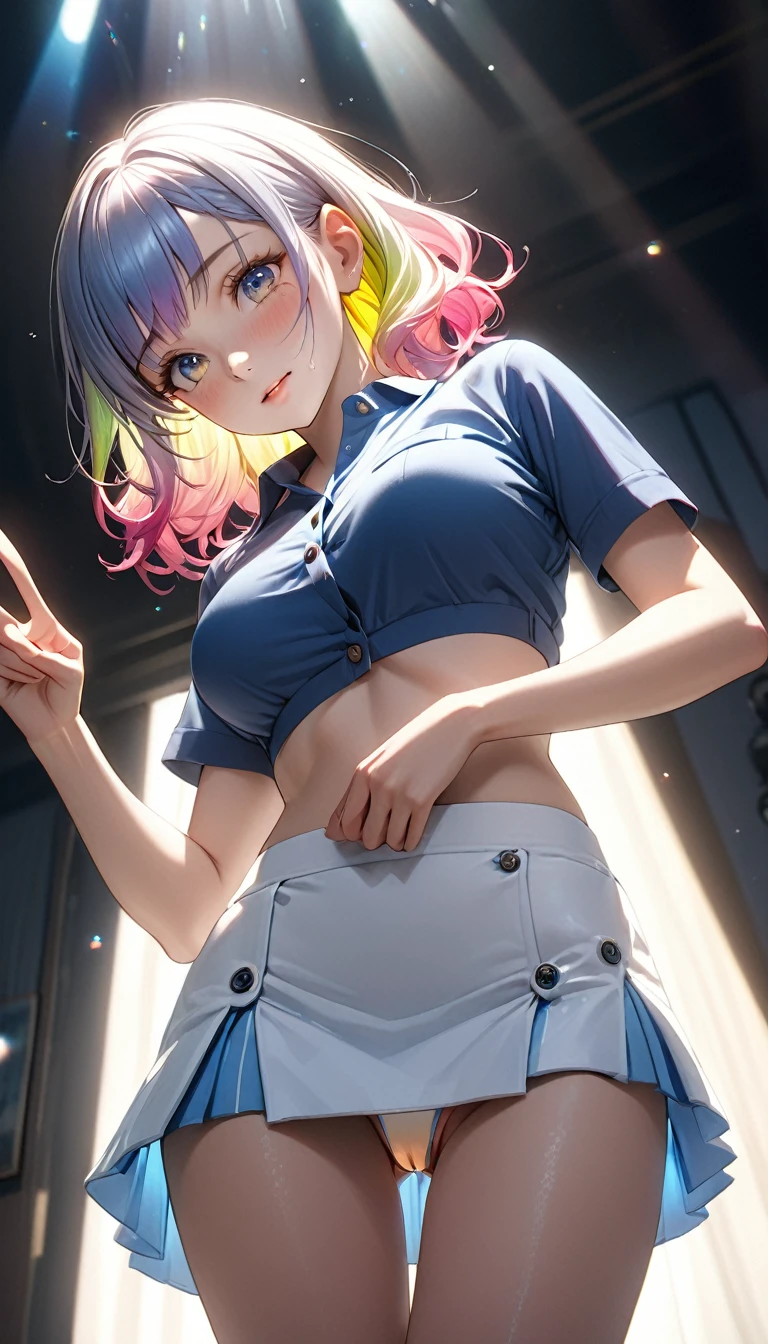 Masterpiece、最high quality、high quality、High definition、High resolution、High detail、Lens flare、Ray tracing method、high qualityの質感、high qualityの影、Beautiful details、Detailed and delicate、Detailed texture、Realistic facial expression、Realistic and colorful、Delicate、Cinematic Light、Side light、Sharp Focus、(1 woman:1.3)、(Intricate details、Makeup、Pure Eros Face_v1:0.5)、(Details Beautiful delicate face、Detailed beautiful delicate eyes、Perfect Facial Proportions、Detailed skin、Charm)、fancy hairstyles、Beautiful bangs、(Two-tone gradient hair color)、slender、(Upturned beautiful breasts)、Raise your arm and make a peace sign、Detailed crotch、Female juice、(Experiencing the best orgasm)、Light-colored V-cut、Light-colored thong、Thigh mini skirt、Low-rise mini skirt、Front-button short-sleeve shirt、Crop top、Low-angle composition
