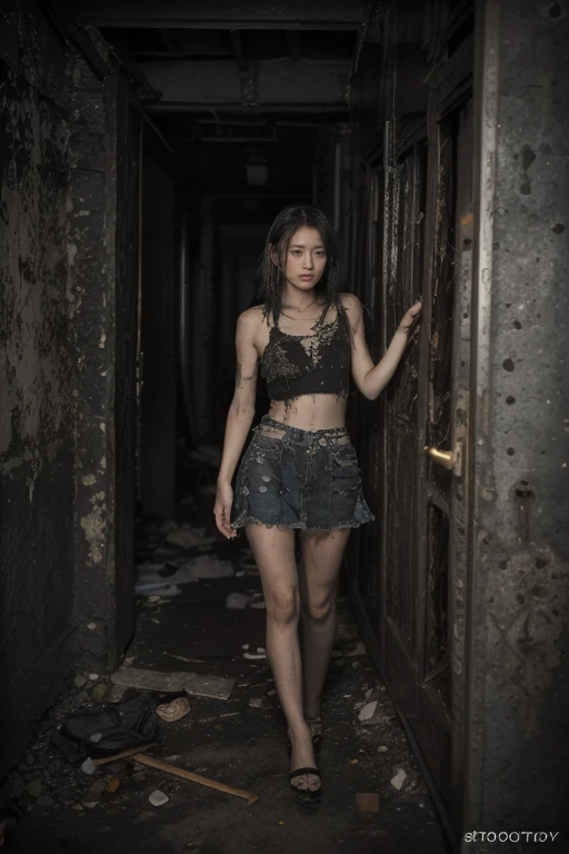 dark style，best quality，((Dramatic:1.2))，((original photography:1.3))，Night view，2 women, Tattered clothes，Short skirt，Behind is a dilapidated wall