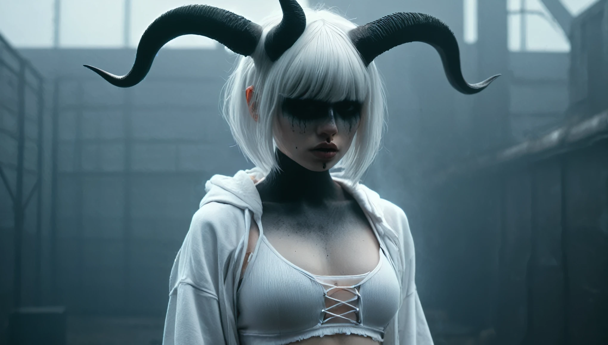 (Best Quality,hight resolution,Masterpiece, full body view:1.2),Ultra-detailed,demon woman with horns,dressed in black hoodie and white panties,sickly,standing in a horror sci fi scenario,horror sci fi aesthetic,gloomy ecstasy,,dark gloomy atmosphere,gritty texture,Retro-atmosphere,warpedty,melancholic expression on his face,mysterious aura,foggy atmosphere,foggy background,Subtle color palette,provocative pose,Strong emotions,Coming Out of the Depths of Despair,Piercing gaze,intense shadows,Plunged in Darkness,dark industrial aesthetic,ominous vibe,A supernatural sensation,Loss of Place in Time and Space,Eerie silence.asymmetrical bangs, freckles, white short hair, Bangs, freckles, gray eyes,