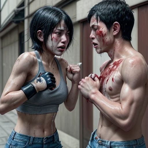 two person face to face.They trade punches with each other. a bloody crying beautiful Japanese female fighter is being beating terribly by a male fighter in the backstreet. Her expression is sad.  she is pinch. Blood is dripping from her nose. She is covered in scars and bruises. she is damaged terribry. Short-cut black hair, out of breath, drooling from mouth, one eye closd, crying, exhausted, drenched in sweat. Erect nipples. open finger glove. Tattered sports bra and denim shorts, adhesive plaster