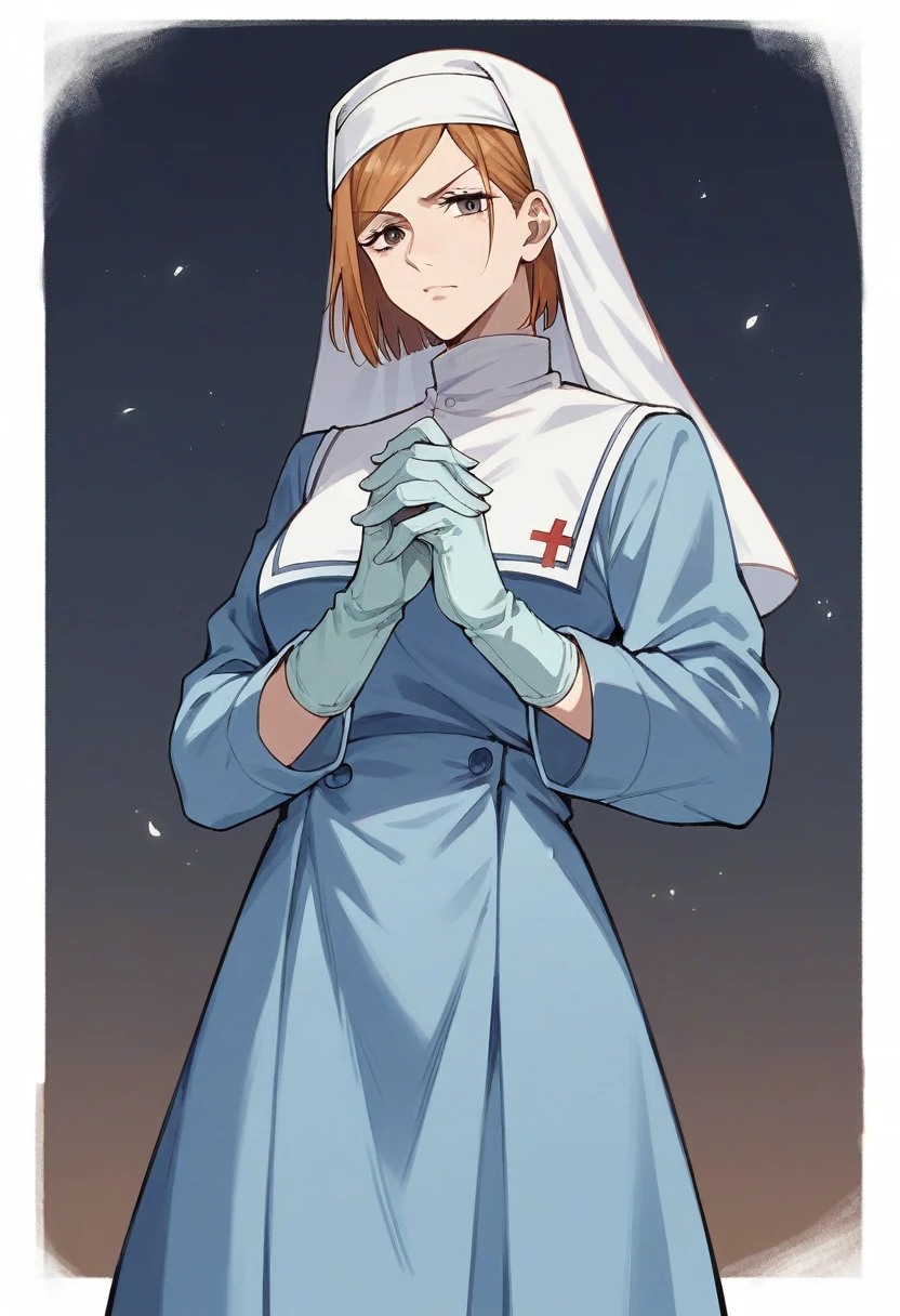 1girl, nobara kugisaki \(jujutsu kaisen\), ((blue medical gloves)), (nun uniform), ((long sleeves)), looking at viewer, standing, solo