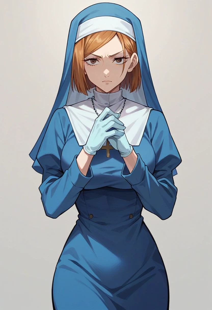 1girl, nobara kugisaki \(jujutsu kaisen\), ((blue medical gloves)), (nun uniform), ((long sleeves)), looking at viewer, standing, solo