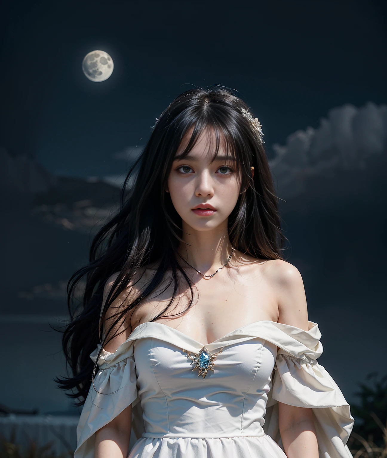 Beautiful girl, Oval face, Big eyes, Long eyelashes, bangs, Cool, imperious, hourglass figure, healthy figure, full body shot, Exquisite (Realistic style), Extreme face, Photorealistic light and shadow, Star-like eyes, Wears long loose black curls and waist, (hair flowing) Shiny jewelry, (Blue starry sky with a full moon background), Upper body background, Wearing a light blue wedding dress, Shoulder, back, Facing the camera, Beautiful, Extremely high quality, Cinematic graphics, High quality CG, 8K resolution