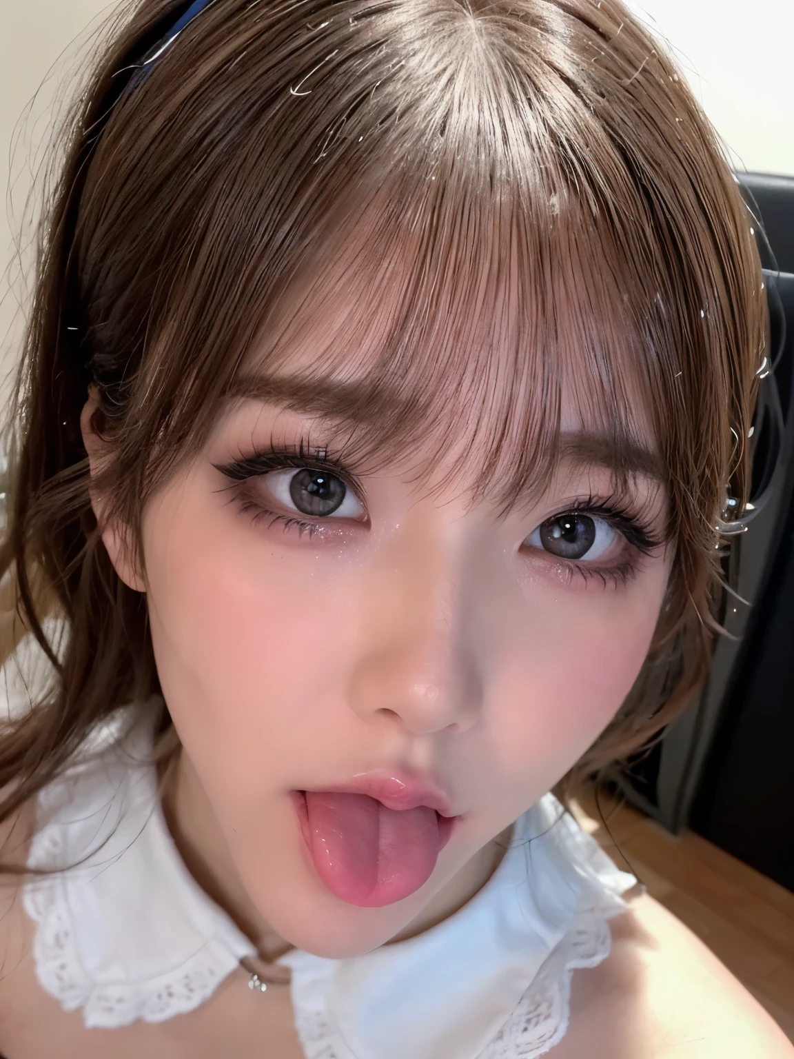 (expensiveest quality、realism、Glowing Skin、8k、Ultra-detailed、Photorealistic photography、Perfect Anatomy、masterpiece: 1.3、Very delicate and elaborate skin、expensive resolution 16k lace skin on human skin、So detailed you can even see the pores、Adapts to natural skin、Symmetrical face)、An underground space completely blocked off from light、One Woman、JK gal、in front, Facing forward、(Looking down from above:1.6), (Upturned eyes :1.4)、唇に艶を与えるLip gloss:1.6、Heartbreaking、Crying face、Distorting facial expressions、(Extreme face focus、Extreme close up of face、Facing forward、A woman wearing a collar and lead、Subjectivity from above)、Overflowing breasts、((expensive 、mini skirt、Popular Korean makeup))、cute、Sex Appeal、Crafty、Ahegao、squint、squint、Paranoid symptoms、Lip gloss、Blushing cheeks、(very droopy eyes、Beauty Bureau)、expensively detailed whitening skin、Beautiful eyeliner、double eyelid、Glossy Lips、Keep your eyes sharp and focused, Please open your mouth and close one eye、Realistic nostrils、Elongated C-shaped nostrils, Sweaty skinを強調する、((Sharp Nose))、Sweaty skin、Sweaty hair、(Brow wrinkles)(Please extend your tongue as far as possible.)、moist watery eyes、Deep Kiss、((Thin eyebrows))、Glowing Skin、double eyelid、Wet and shiny tongue、With eyes wide open, Pupils dilate、Symmetrical nose,