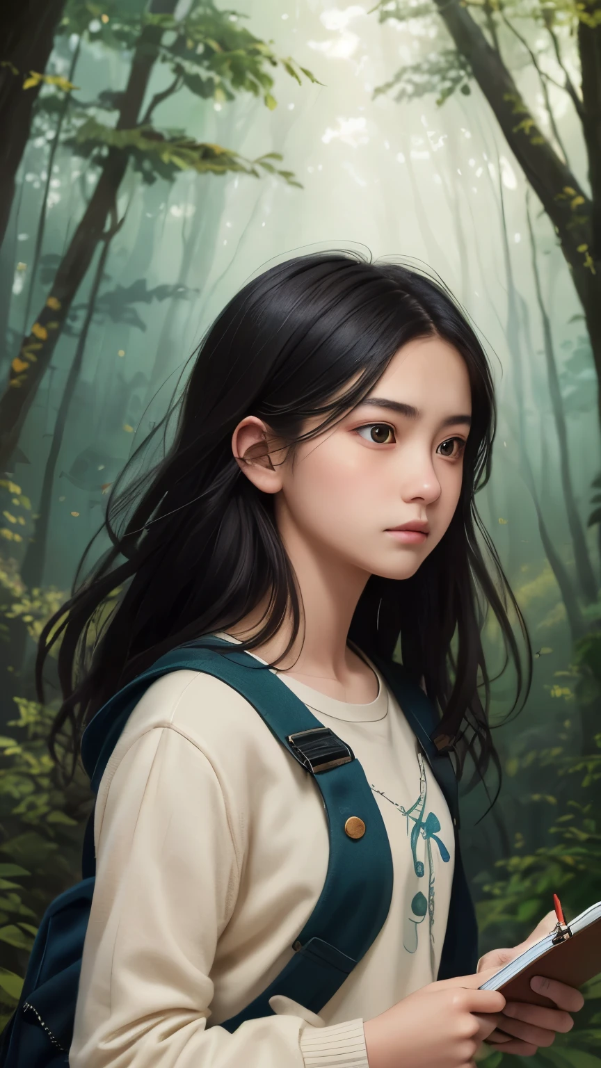 ((best quality)), ((masterpiece)), (detailed), A digital illustration of a long black haired teenage girl with a tense expression on her face, looking for a bird in a forest setting. The girl is holding a small notebook and a pencil, and there are trees and birds flying in the background.