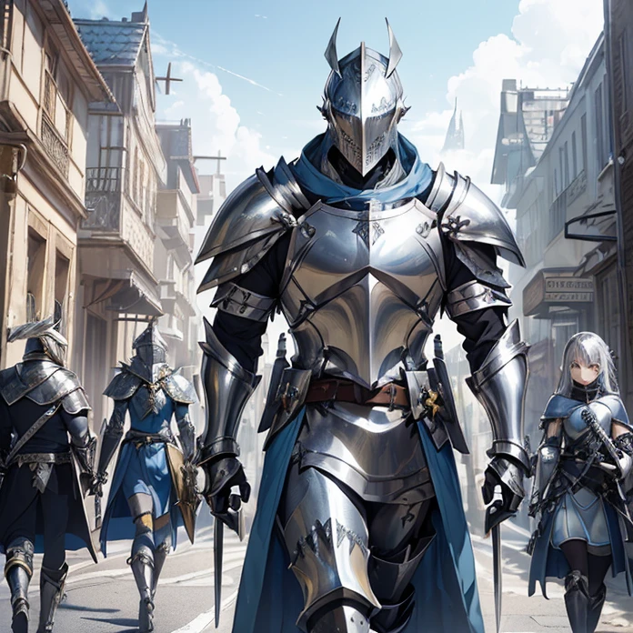 High Resolution, Masterpiece, fantasy genre, HD, High Quality, Backlighting, Overexposure, Optical Illusion, Silhouette,
Anime Style, Apocalypse, Chaos, Digital Art, Multiple Views, warhammer fantasy aesthetic
{{((french knight: (silver templar knight helmet, blue and yellow tunic, silver shoulder plates, silver elbow plates, silver steel belt, silver gauntlets(sharp steel tear shield, knight long sword)), (marching around the streets, holding his sword and shield),(modern city, several houses, afternoon sky))}}