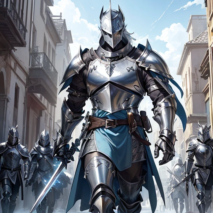 High Resolution, Masterpiece, fantasy genre, HD, High Quality, Backlighting, Overexposure, Optical Illusion, Silhouette,
Anime Style, Apocalypse, Chaos, Digital Art, Multiple Views, warhammer fantasy aesthetic
{{((french knight: (silver templar knight helmet, blue and yellow tunic, silver shoulder plates, silver elbow plates, silver steel belt, silver gauntlets(sharp steel tear shield, knight long sword)), (marching around the streets, holding his sword and shield),(modern city, several houses, afternoon sky))}}