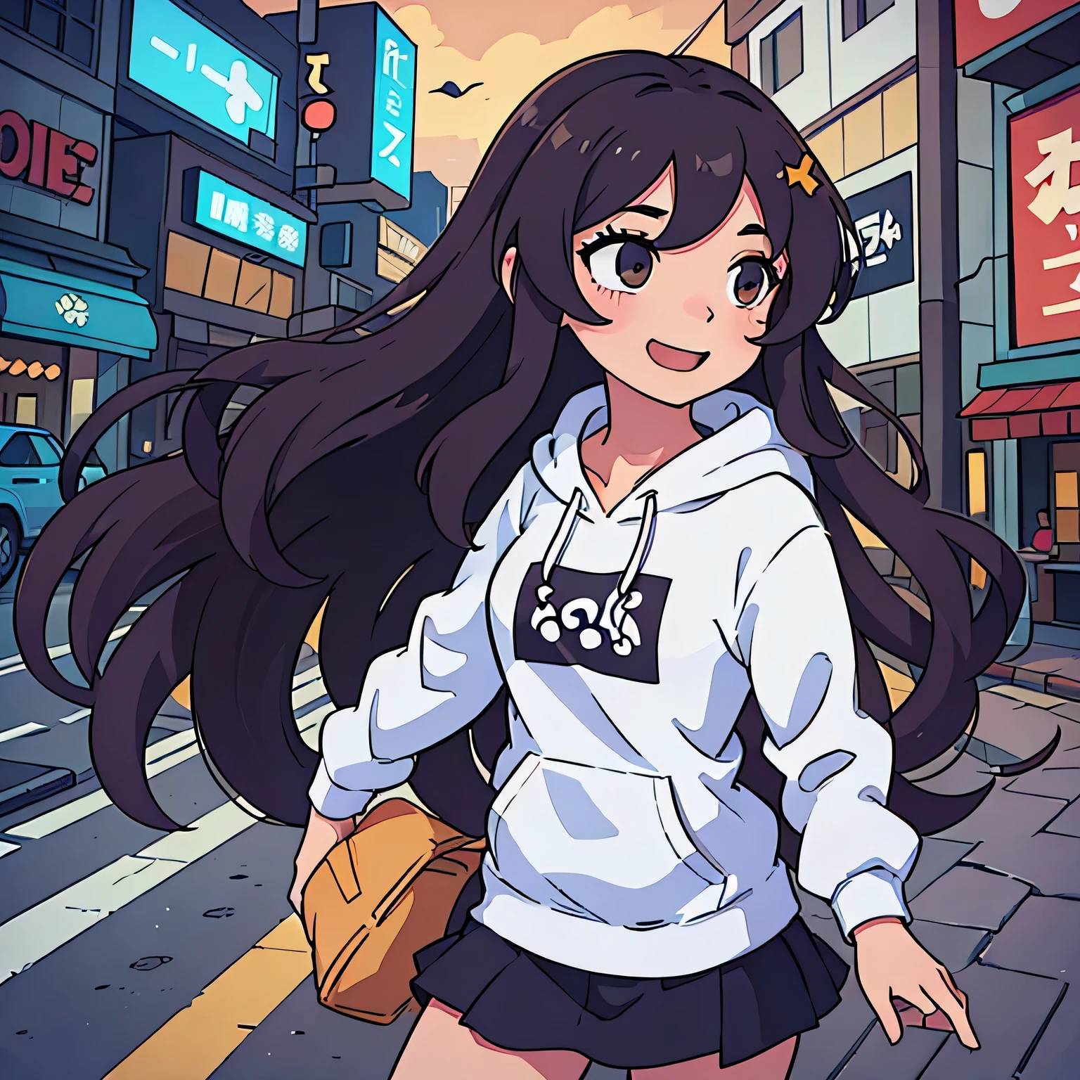 (Highest quality:0.8) Perfect anime illustration, cute, Happy woman with long curly brown hair on a city street, Wearing a hoodie, skirt