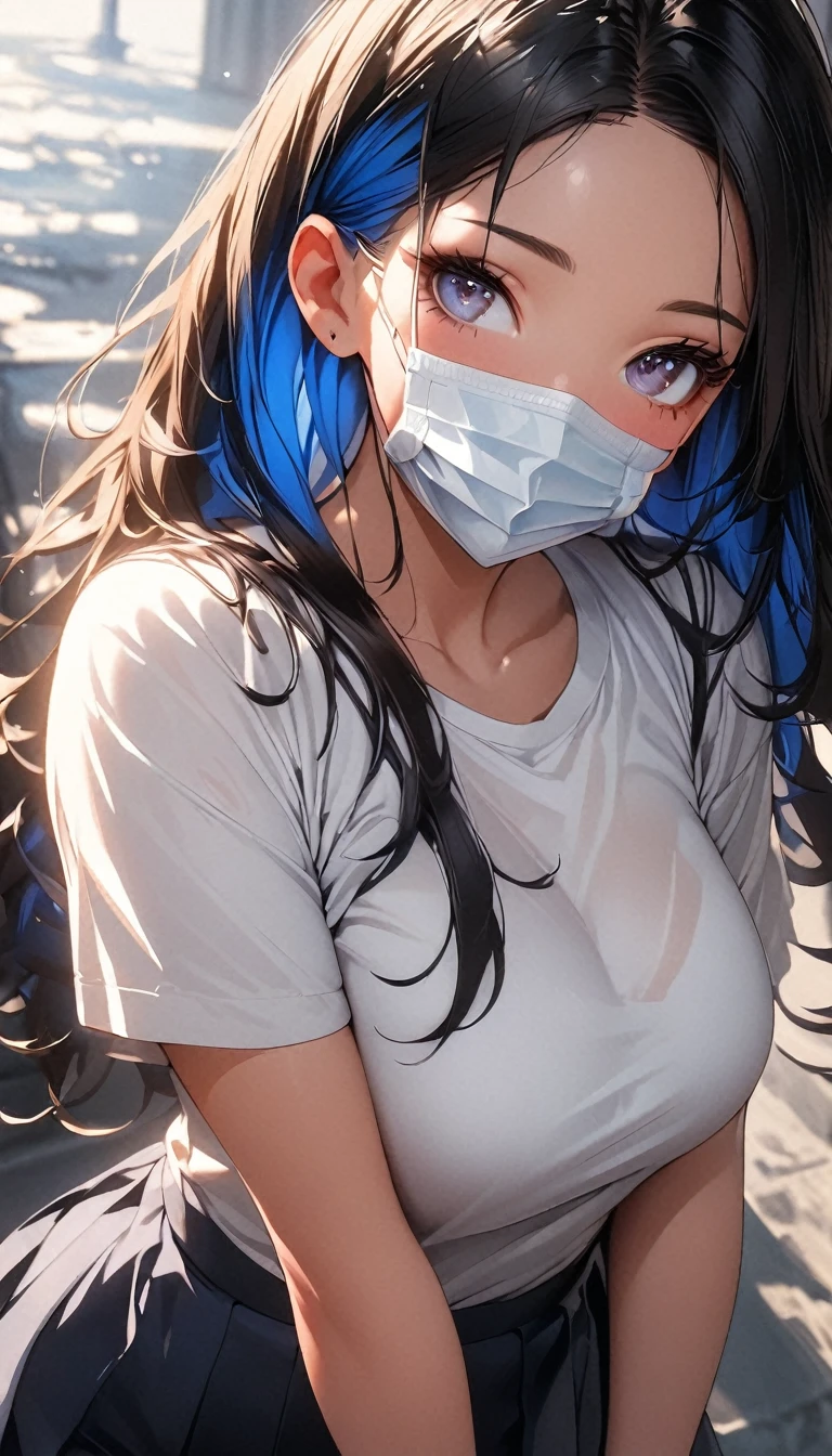 (high quality, 8k, 4K, High Contrast, masterpiece:1.2, 最high quality, Best aesthetics), 1 female, (Realistic skin texture:1.3), (Film Grain:1.3), (Selfie angle, High Angle), One Girl, Beautiful and detailed eyes and face, 最high quality, close, Cowboy Shot Black Hair , Disposable mask, blue hair inner, white shirt, dark blue skirt (Show off a black bra)