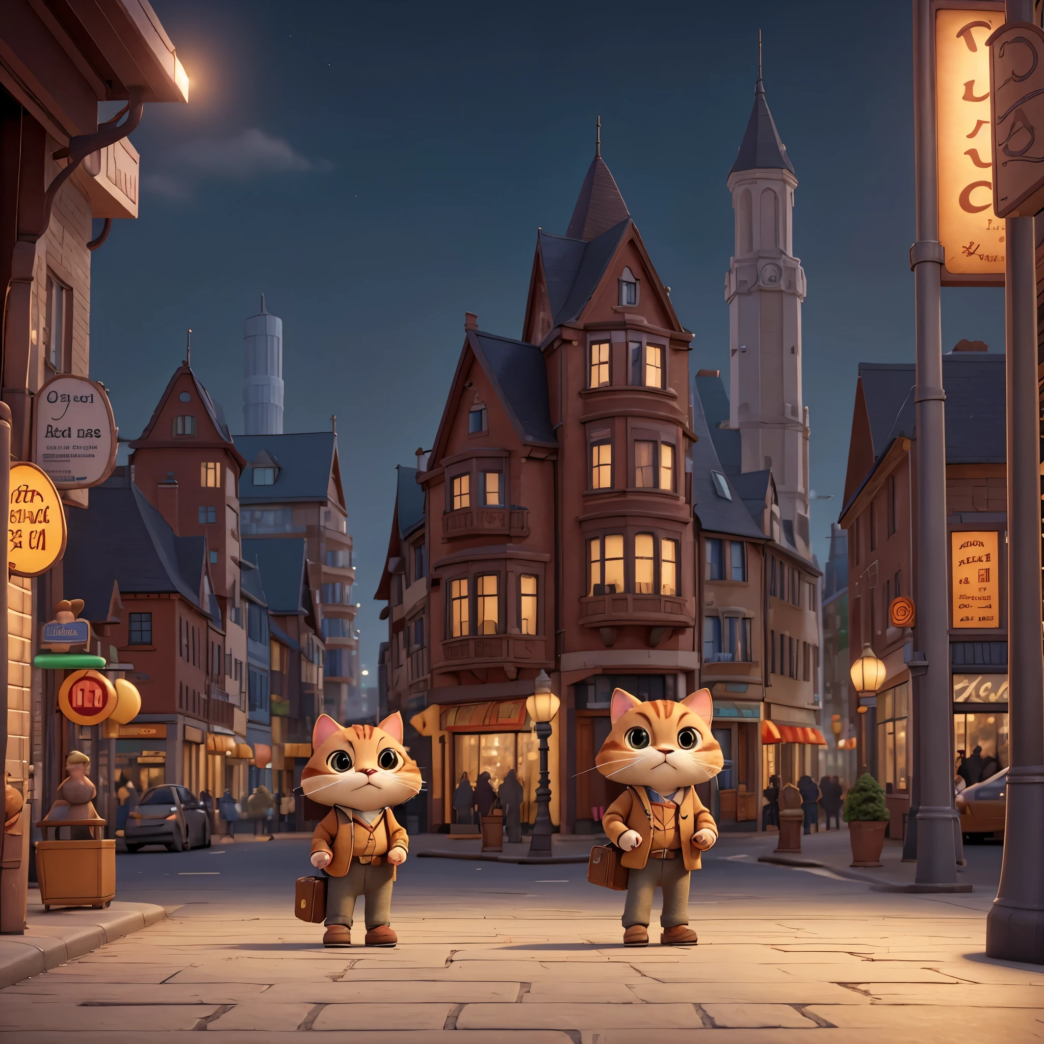 Create a whimsical 3D render of a tiny, anthropomorphic cat carrying a suitcase down a bustling city street. The cat, with its large eyes and expressive facial features, appears to be shedding a tear as it toils under the weight of the luggage. The background is a lively cityscape, with towering buildings, colorful storefronts, and a vibrant crowd. The overall atmosphere is nostalgic and heartwarming, capturing the essence of perseverance and determination in the face of adversity. Use Golden Ratio Composition to create a balanced and aesthetically pleasing scene. The viewpoint should be a Cinematic Shot to enhance the dramatic and emotional impact. The lighting should feature Cinematic Lighting to add depth and mood. Render the artwork using Unreal Engine for a highly detailed and realistic 3D environment. The medium is Illustration to bring out the whimsical and heartfelt quality of the scene.