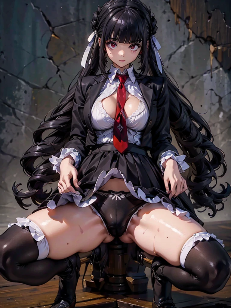 ((masterpiece, Highest quality)), Detailed face, Character Sheet, peeing, squatting, ((((Emphasizes sexy crotch:1.35)))、((((Spread your legs wide、Touching the thigh、Lots of pubic hair revealing the crotch、large pointy breasts))))