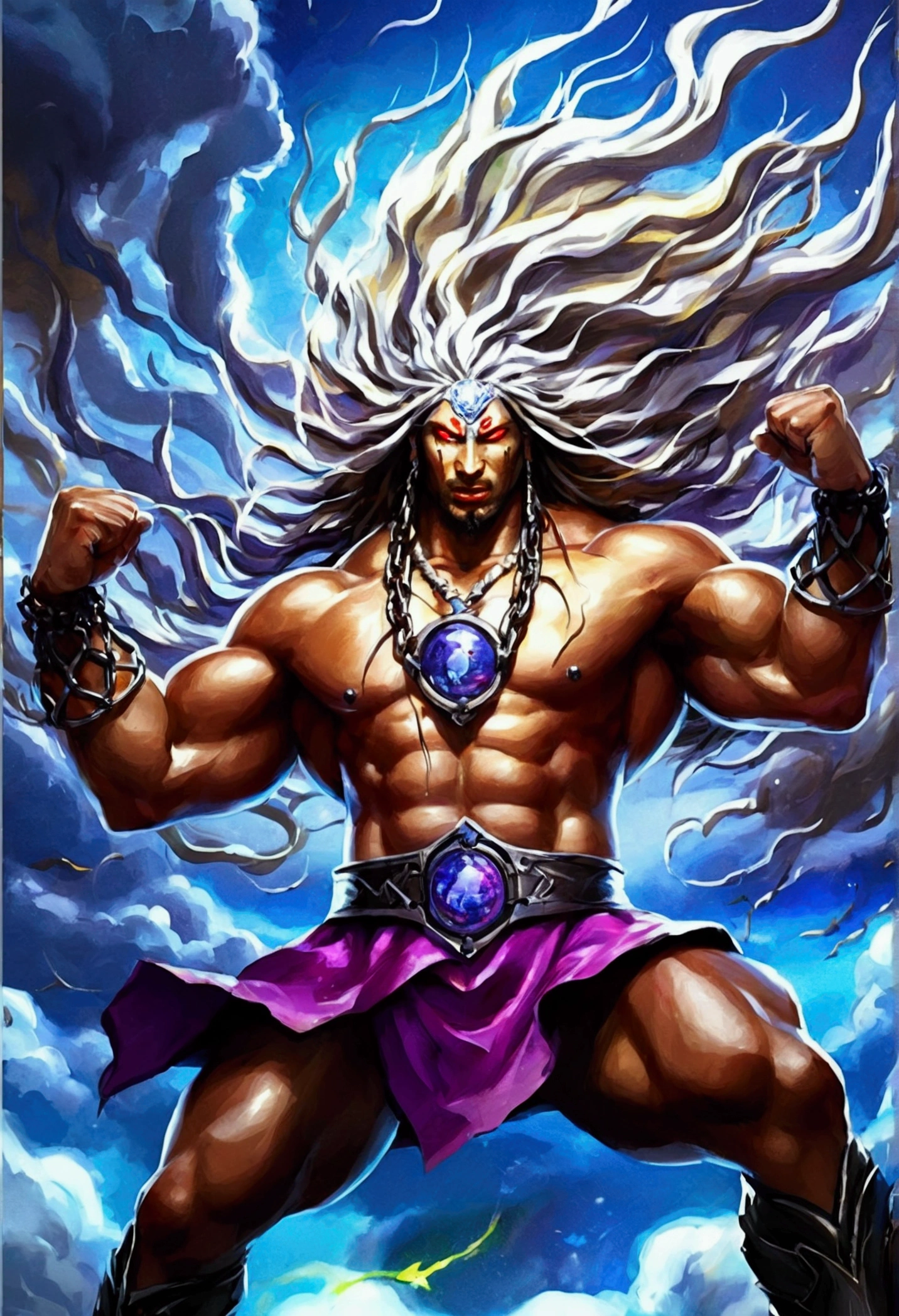 impressive, visually captivating figure of a powerful Maratha (shout:1.5) Power Up Pose, Power Posture, A hall amid dark clouds and intense red lightning々A prisoner warrior standing. His muscular body, His arms are adorned with huge long chains and black chains.。, Hip, And legs, His glowing red eyes and fierce determination exude strength.. have a perfect face,My hair is standing on end, He shouted in anger、Pull the chain with great force。. The red light of time shines on him from behind., Dramatic rim lighting on his stocky build, A chaotic atmosphere adds excitement to the dark fantasy scene, the warrior's immense size and the gathering clouds create a mesmerizing visual experience that is both Vibrant and Cinematic, blending elements of Painting, Poster, and fashion into a concept, Vibrant, Poster, fashion, figure, Cinematic, Painting, Dark Fantasy Art:Greg Rutkowski
