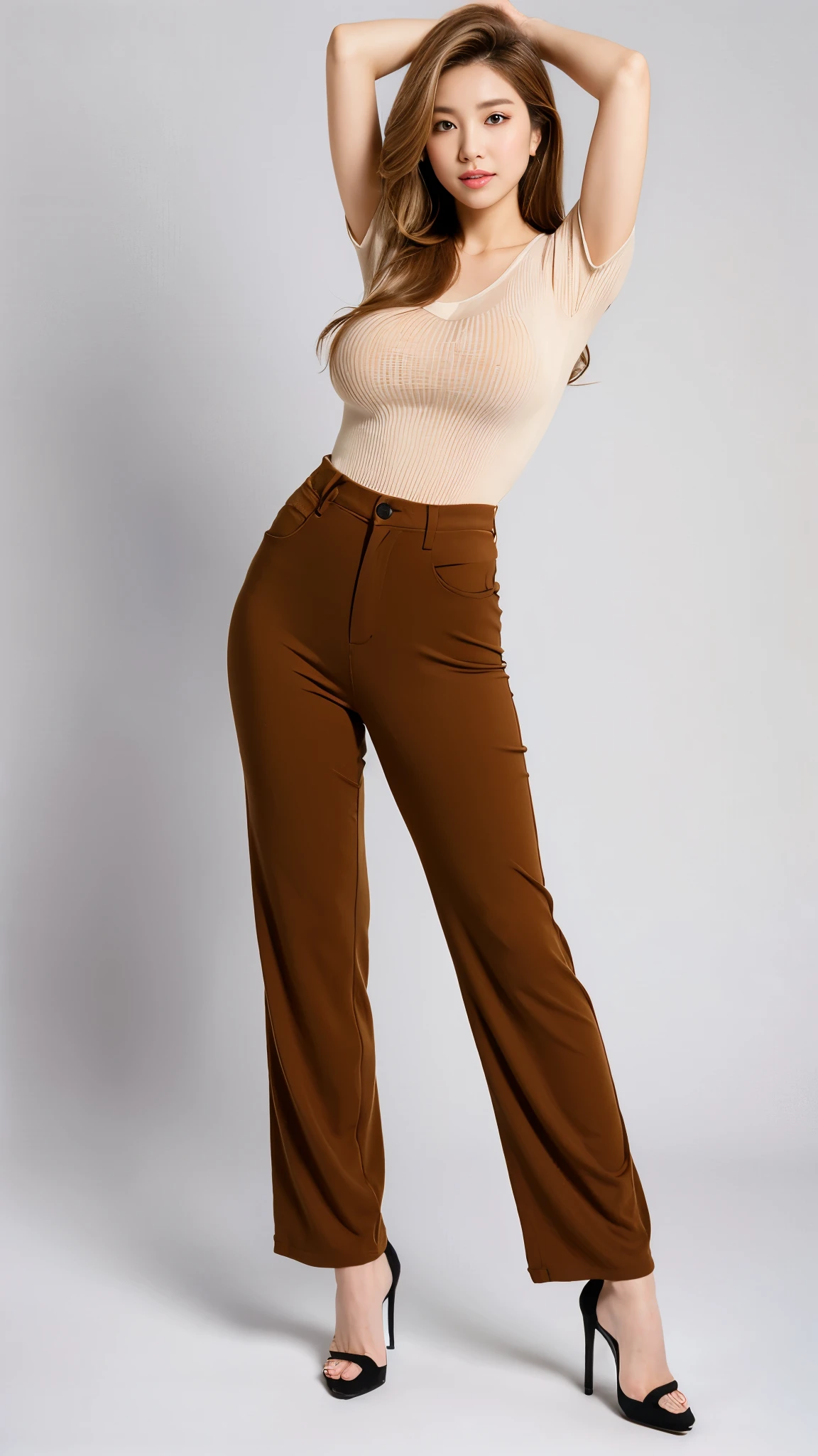 A sexy korean woman, long legs, blonde hair, long flowy hair style, plump body, gigantic breasts, large breasts, huge breasts, braless, (casual brown tight shirt with u-neck short-sleeve), (brown knit flare pants), high heels, stilettos, pushes chest, full body, front view, at photo studio, professional photo studio, white backdrop photo studio background, studio lighting, dynamic light, realistic, potrait, photo realistic