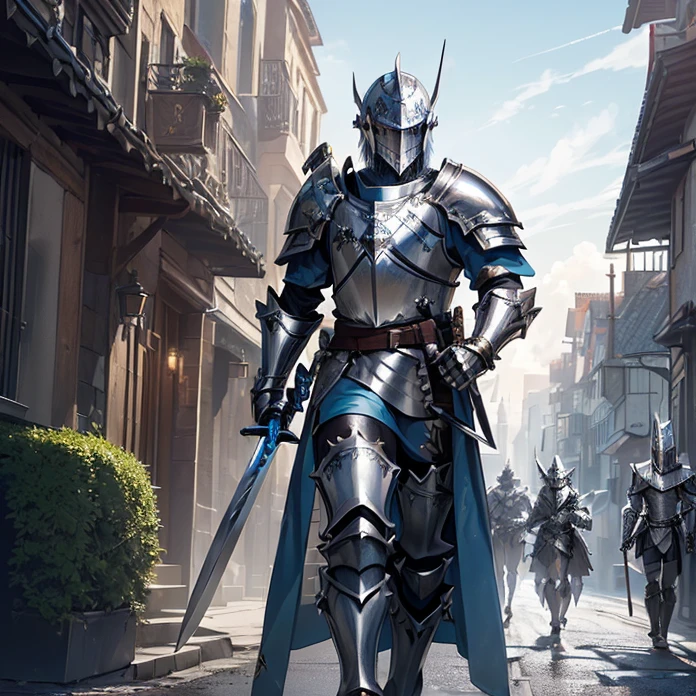 High Resolution, Masterpiece, fantasy genre, HD, High Quality, Backlighting, Overexposure, Optical Illusion, Silhouette,
Anime Style, Apocalypse, Chaos, Digital Art, Multiple Views, warhammer fantasy aesthetic
{{((french knight: (silver knight squared helmet, blue and yellow tunic, silver shoulder plates, silver elbow plates, silver steel belt, silver gauntlets(sharp steel tear shield, knight long sword)), (marching around the streets, holding his sword and shield),(modern city, several houses, afternoon sky))}}
