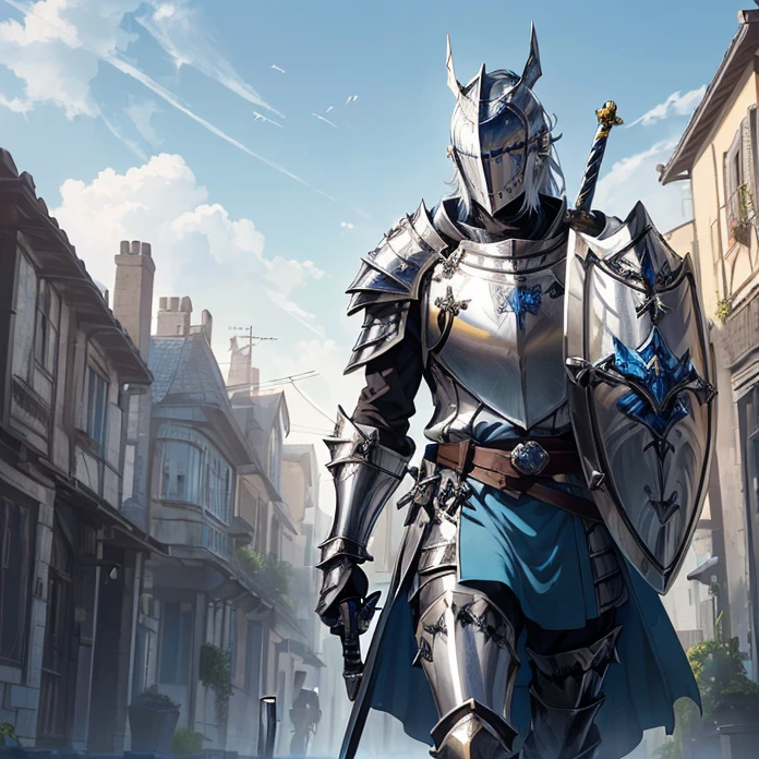 High Resolution, Masterpiece, fantasy genre, HD, High Quality, Backlighting, Overexposure, Optical Illusion, Silhouette,
Anime Style, Apocalypse, Chaos, Digital Art, Multiple Views, warhammer fantasy aesthetic
{{((french knight: (silver knight squared helmet, blue and yellow tunic, silver shoulder plates, silver elbow plates, silver steel belt, silver gauntlets(sharp steel tear shield, knight long sword)), (marching around the streets, holding his sword and shield),(modern city, several houses, afternoon sky))}}