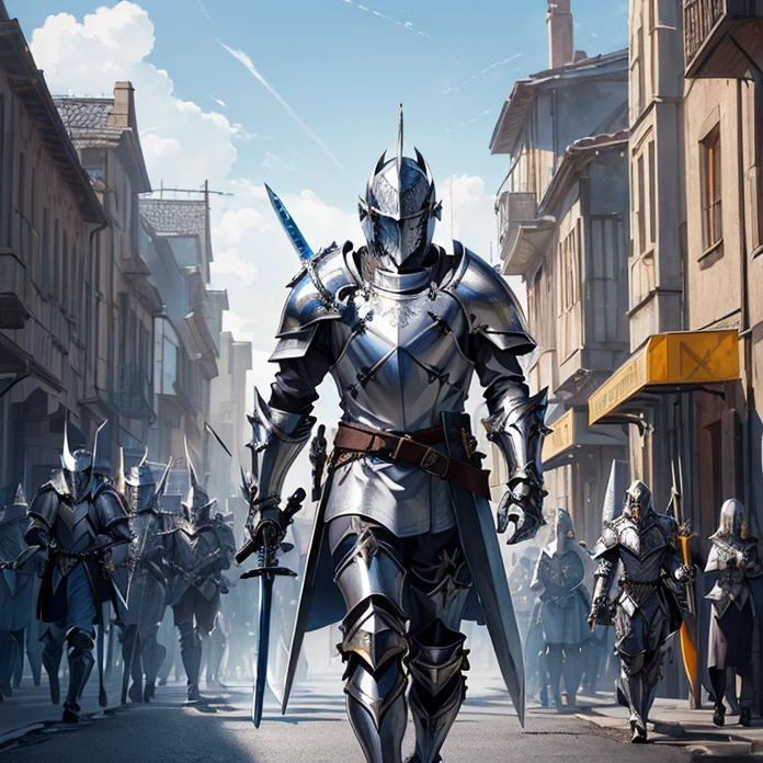 High Resolution, Masterpiece, fantasy genre, HD, High Quality, Backlighting, Overexposure, Optical Illusion, Silhouette, 
Anime Style, Apocalypse, Chaos, Digital Art, Multiple Views, warhammer fantasy aesthetic
{{((french knight: (silver knight squared helmet, blue and yellow tunic, silver shoulder plates, silver elbow plates, silver steel belt, silver gauntlets(sharp steel tear shield, knight long sword)), (marching around the streets, holding his sword and shield),(modern city, several houses, afternoon sky))}}