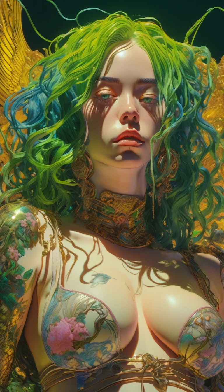artwork by Katsuya Terada, mid center composition
8K, HD, intricate detailed masterpiece, ++Billie Eilish in a sexy bralles top, ++pantyhoes, tights+, Billie Eilish no bra+, +big , transparent, glowing green eyes, green iris and black eye ball, full body shot, green hair, anatomecly correct, body ,organic shapes, hard edges, anatomecly correct body, laying down, sentual +sexy poce, hyper realistic, Billie Eilish elegant,cinematic lighting, highly detailed, intense colors, octane rendered Billie Eilish, surreal mood, award winning picture, glowing rich colors, iridiscent accents,- dramatic shadows,dynamic and atmospheric lighting, anamorphic lens, sharp focus, trending on Gsociety and ArtstationHQ, see through, glowing rich colors, 8K, 3D rim light, 3d final render, 3d shading, unreal 5, octane render, iridiscent accents, highlights and overtones,
intricate high detail masterpiece by Katsuya Terada, in the STYLE of Katsuya Terada.((( hips, breast)))
