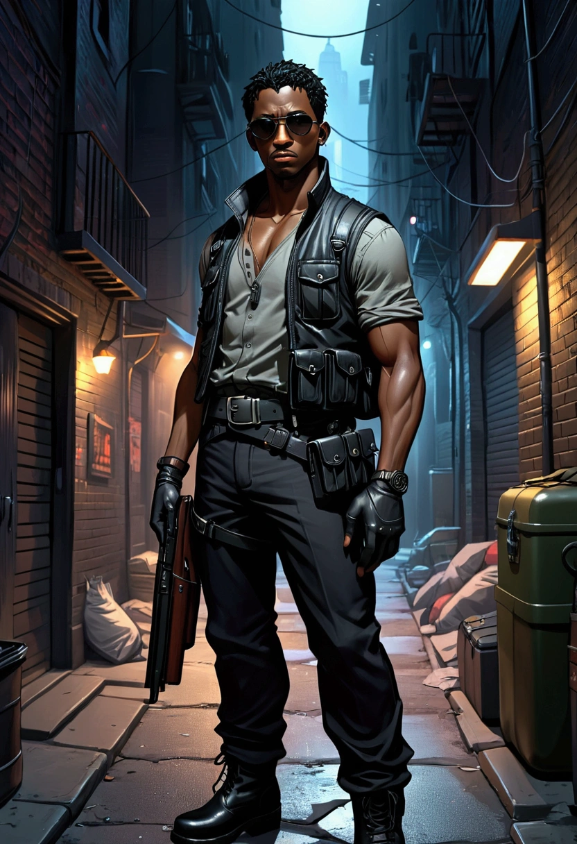 ((Artwork, 8K, dark lighting)), horror game style, 1 man, dark skin, black hair, big nose, round sunglasses, wearing black shirt, gray vest, black gloves, black pants, black belt with ammo pouches, tactical bag on leg, wearing boots, serious look, in dark city alley at night.