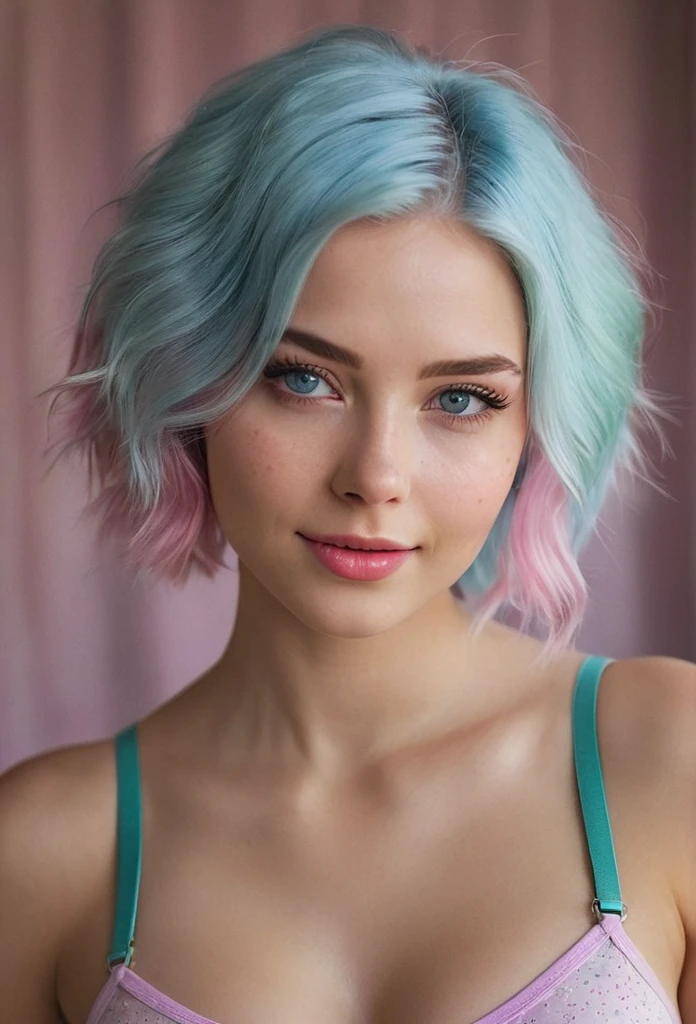 Woman 20 Years Old Nordic Ethnicity, short (((light blue hair))), with a perfect face and light freckles, Blue-Green Eyes, name Jaine, (((ultra realistic))) Photo, masterpiece, top quality, (pale skin), (Ultra detailed face and eyes:1.3), 1 girl, Adult, in a T-shirt, ((Eye makeup, pink mascara)), ((smile)), ((large detailed lips)), ((Pink wavy hair)), ((Chyolka)) , (Natural breasts), Slim waist. ((Posing)), photoshoot, studio (soft lighting), (The play of light and shadows), depth of field, bokeh, (special attention to skin detail: 1.2), Detailed leather texture, skin pores. (Warm atmosphere of the frame. Color range - purple, Pink, blue tones), UDR, ((Film grain)), ((rays)), (Glare), ((waist up portrait))