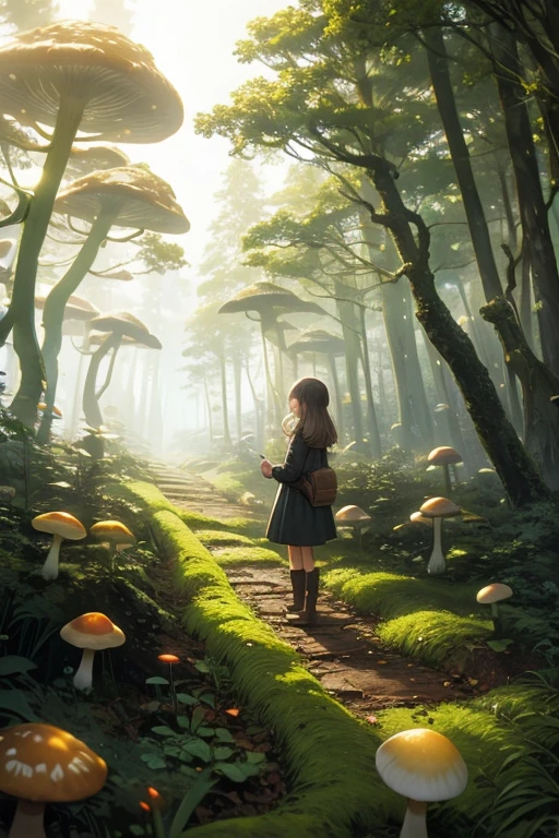 forest path, fallen trees covered in moss and glowing mushrooms, new saplings are growing, girl stands along path collecting mushrooms