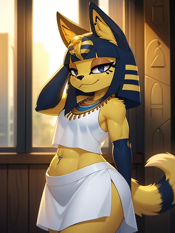 ((best quality)), ((masterpiece)), (detailed), ((2k)), trending on artstation, furry, furry style, anthro style, perfect face, a digital artwork of a sexy Ankha with abs wearing a crop top of her white sleeveless dress with white long dress skirt, a bare midriff, a bare navel, an exposed belly button, Egyptian setting, smug face, tail, blue Egyptian handbands, Egyptian necklace, navel piercing, sideview 