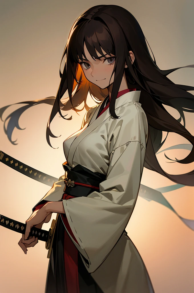 volumetric lighting, ambient lighting, highres, masterpiece, 8k, alone, one woman, melancholy, young adult, black mystic eyes, detailed dark brown hair, long hair, tan skin, smirking, (wearing japanese clothes), medium , atletic body, wanderer, holding katana