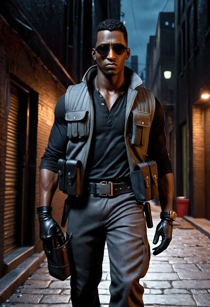 ((Artwork, 8K, dark lighting)), horror game style, 1 man, dark skin, black hair, big nose, round sunglasses, wearing black shirt, gray vest, black gloves, black pants, black belt with ammo pouches, tactical bag on leg, wearing boots, serious look, in dark city alley at night.
