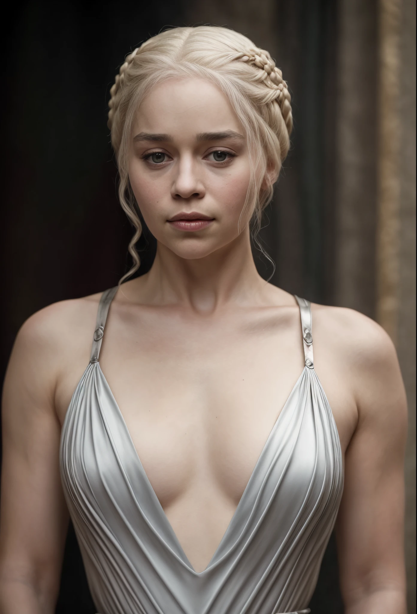 masterpiece, stunning portrait photo of khls woman, sleeveless, erotic costumes, sensual satin dress, game of thrones inspired costumes,
