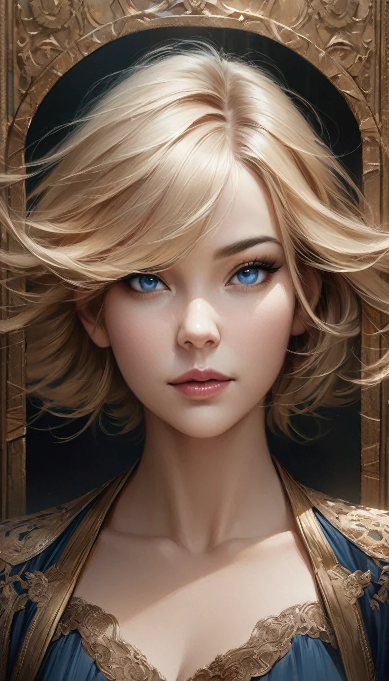 (masterpiece: 1.2, Highest quality), Realistic, (Realistic Picture, Intricate details, Depth of written boundary), Highest quality, masterpiece, Very detailed, Semi Realistic, 1 girl, Mature Woman, 21 years old, Blonde, shoulder-length short hair,, The left eye is covered with hair, blue eyes, King's Clothes, Red Cape, Slim figure, A crown made of precious gold, Read the document, Document marking, Goose hair pen, Office Table, Soft bench, palace, palaceで, middle ages