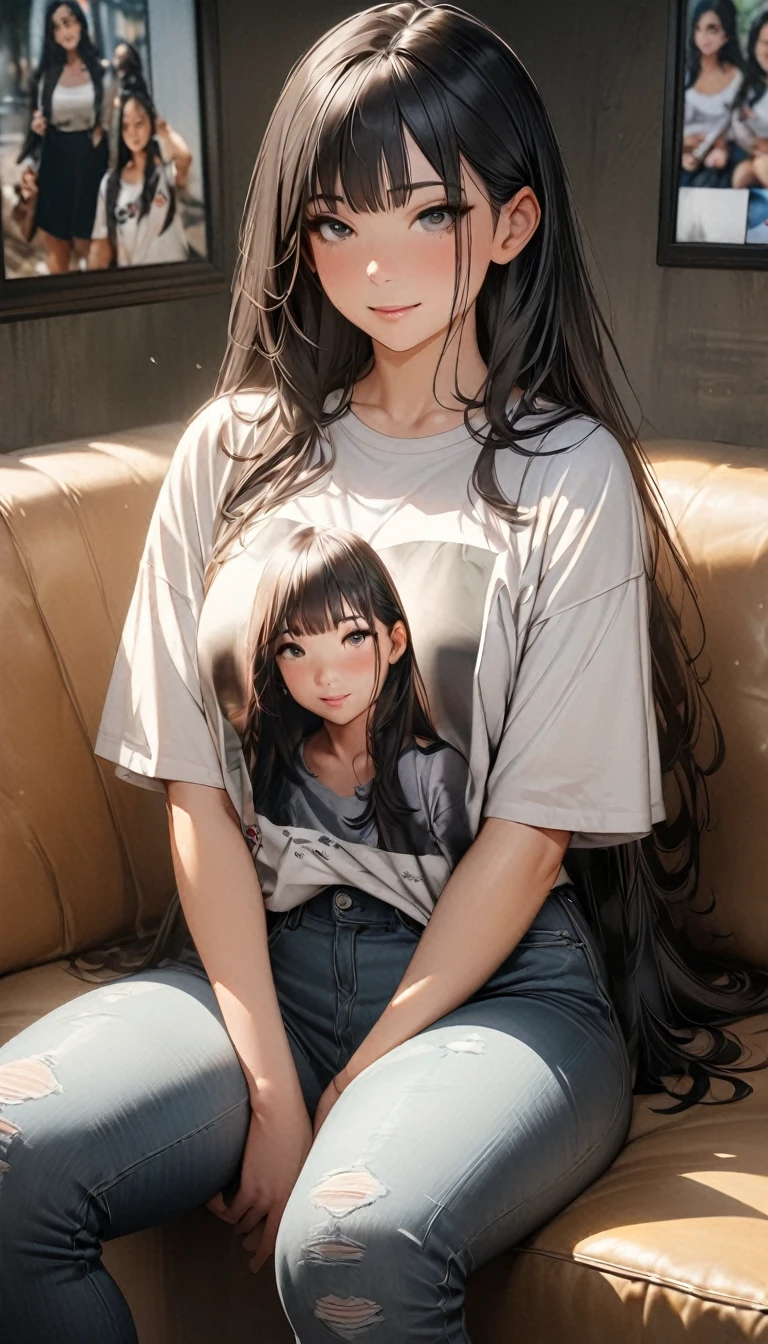 One girl,alone,Highest quality, masterpiece, 8k,born photograph, photograph (object), Very detailed, born,Realistic,Sitting, View your viewers,jeans,White T-shirt,Long Hair,Black Hair, sofa,