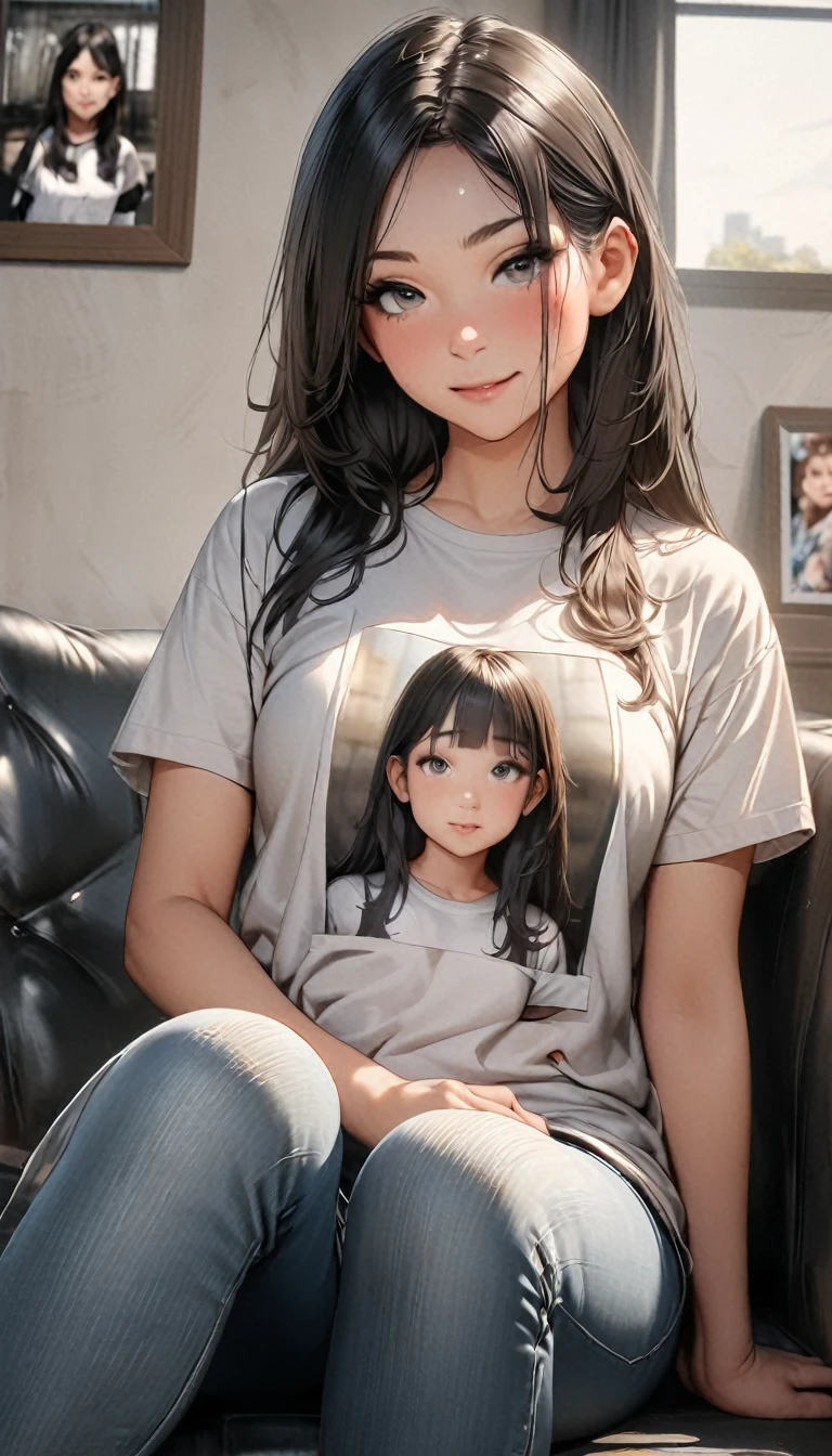 One girl,alone,Highest quality, masterpiece, 8k,born photograph, photograph (object), Very detailed, born,Realistic,Sitting, View your viewers,jeans,White T-shirt,Long Hair,Black Hair, sofa,