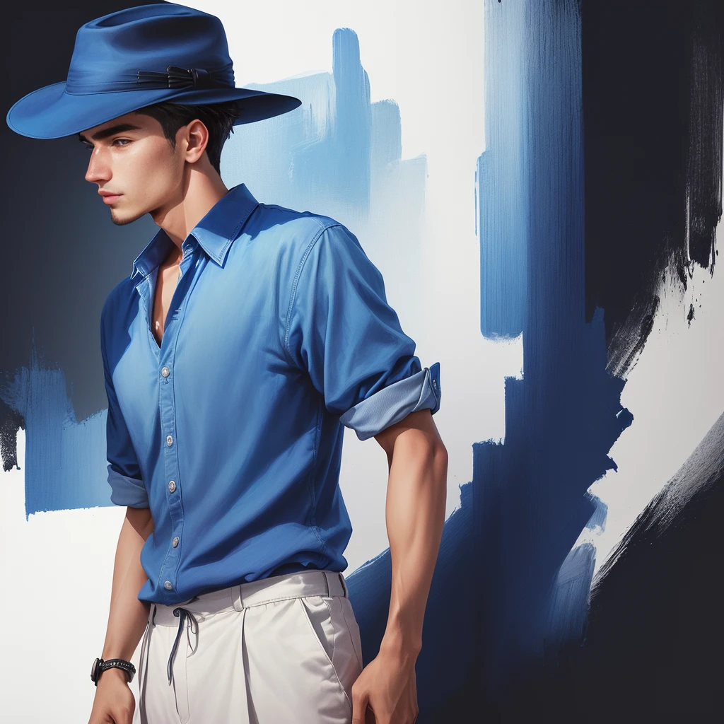 there is a man wearing a hat and a blue shirt, very very low quality picture, satisfied pose, high quality scan, potrait, low quality photo, cool pose, masterpice, very artistic pose, caio santos, from 8 k matte, raytrayced, front profile!!!!, low quality photograph, good looking face, taken with the best dlsr camera