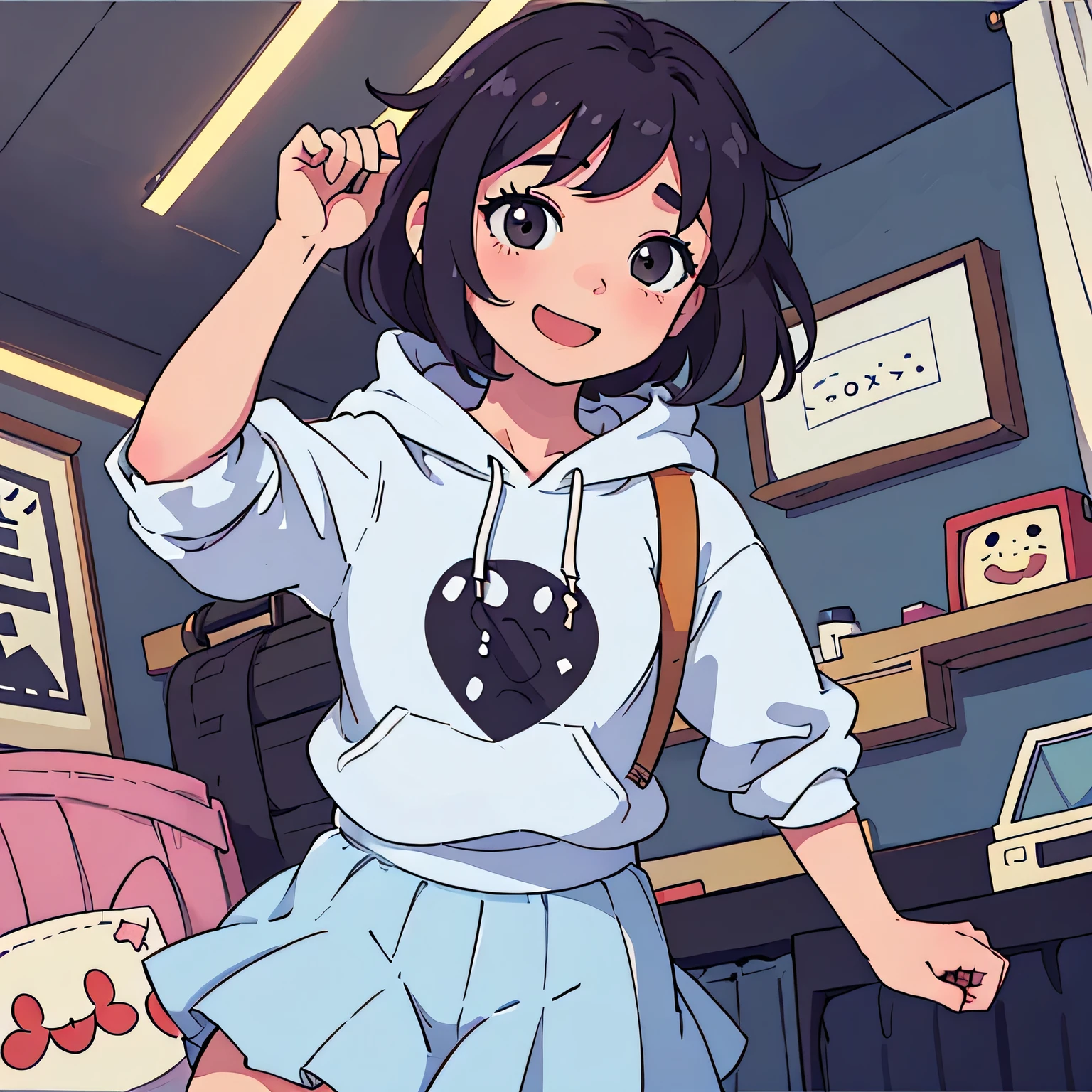 (Highest quality:0.8) Perfect anime illustration, cute, Happy woman with short curly brown hair in her room, Wearing a hoodie, skirt,Chill out