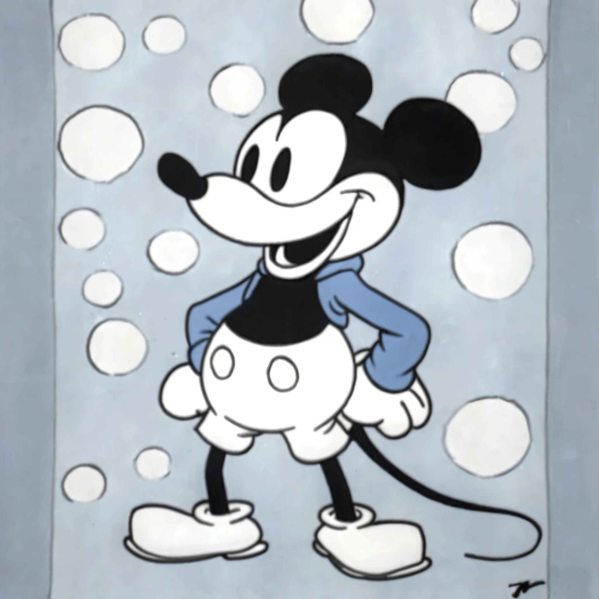 steamboat willie wearing a periwinkle hoodie with white swirls, blue pants, cute laughing maniacally 