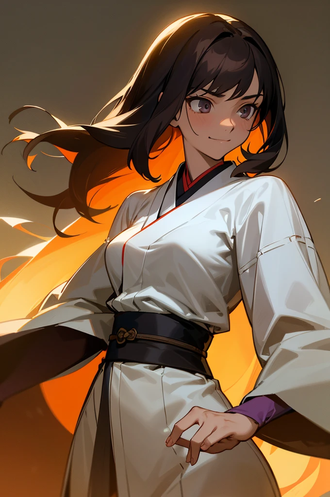 volumetric lighting, ambient lighting, highres, masterpiece, 8k, alone, one woman, melancholy, young adult, black mystic eyes, detailed dark brown hair, long hair, tan skin, smirking, (wearing japanese sexy clothes), medium breasts, atletic body, wanderer, holding katana